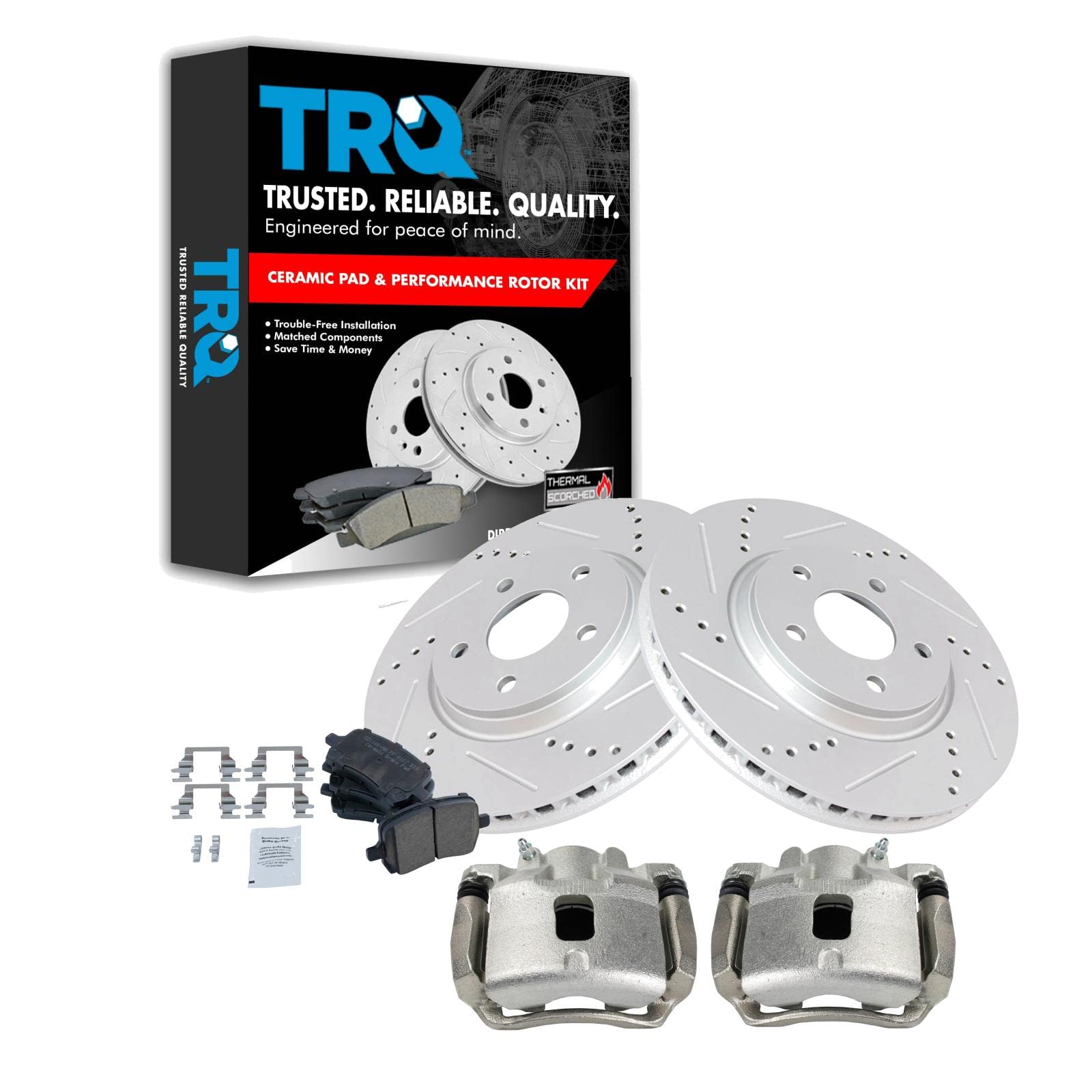 TRQ Front Performance Brake Pad & Rotor Kit - Ceramic Vented Premium G-Coated Brake Caliper Set - Compatible with 2007-2008 Pontiac G5 - Perfect for High-Performance Driving & Daily Commutes