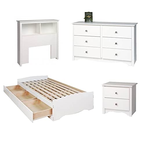 Home Square Monterey 4-Piece White Kids Bedroom Set - Wooden Twin Bed, Headboard, Double Dresser & Nightstand | Perfect for Children's Room Decor & Small Space Bedrooms