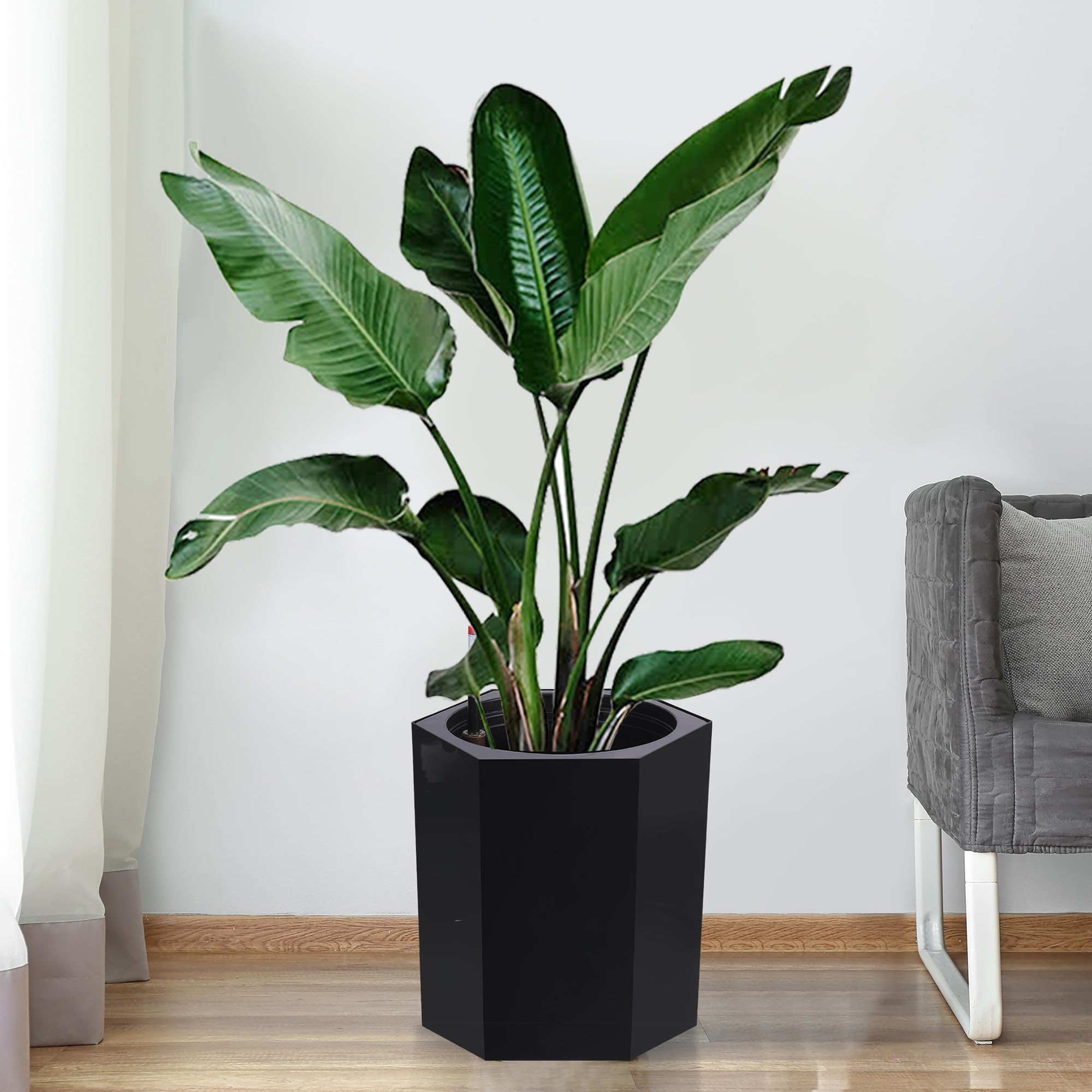 GARVEE 16 Inch Tall Self Watering Planters Set of 2 - Indoor Outdoor Large Flower Pots with Water Level Indicator, Drainage Hole & Wheels - Perfect for Garden, Patio, Balcony, Living Room, Office Decor (Black)