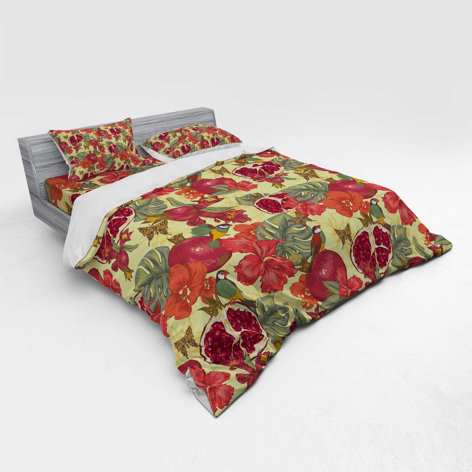 Ambesonne Red Duvet Cover Set - 4 Piece King Size Bedding with Shams & Fitted Sheet, Tropical Birds Butterflies Flowers Pomegranate Design in Red & Beige - Perfect for Bohemian & Tropical Bedroom Decor