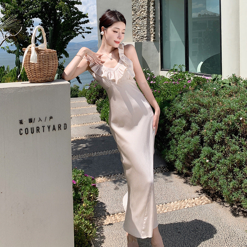 Elegant Backless Apricot Summer Dress with Ruffle Hem - Women's Long Flowy Skirt for Beach, Vacation & Date Nights