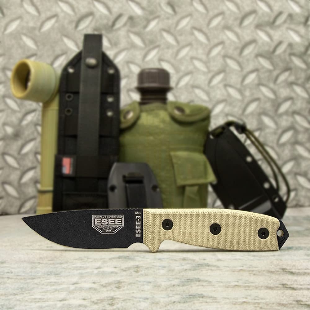 ESEE 3MIL Fixed Blade Survival Knife with Molded Sheath & MOLLE Back - Tactical Outdoor Camping, Hunting, Bushcraft, and Emergency Preparedness Tool
