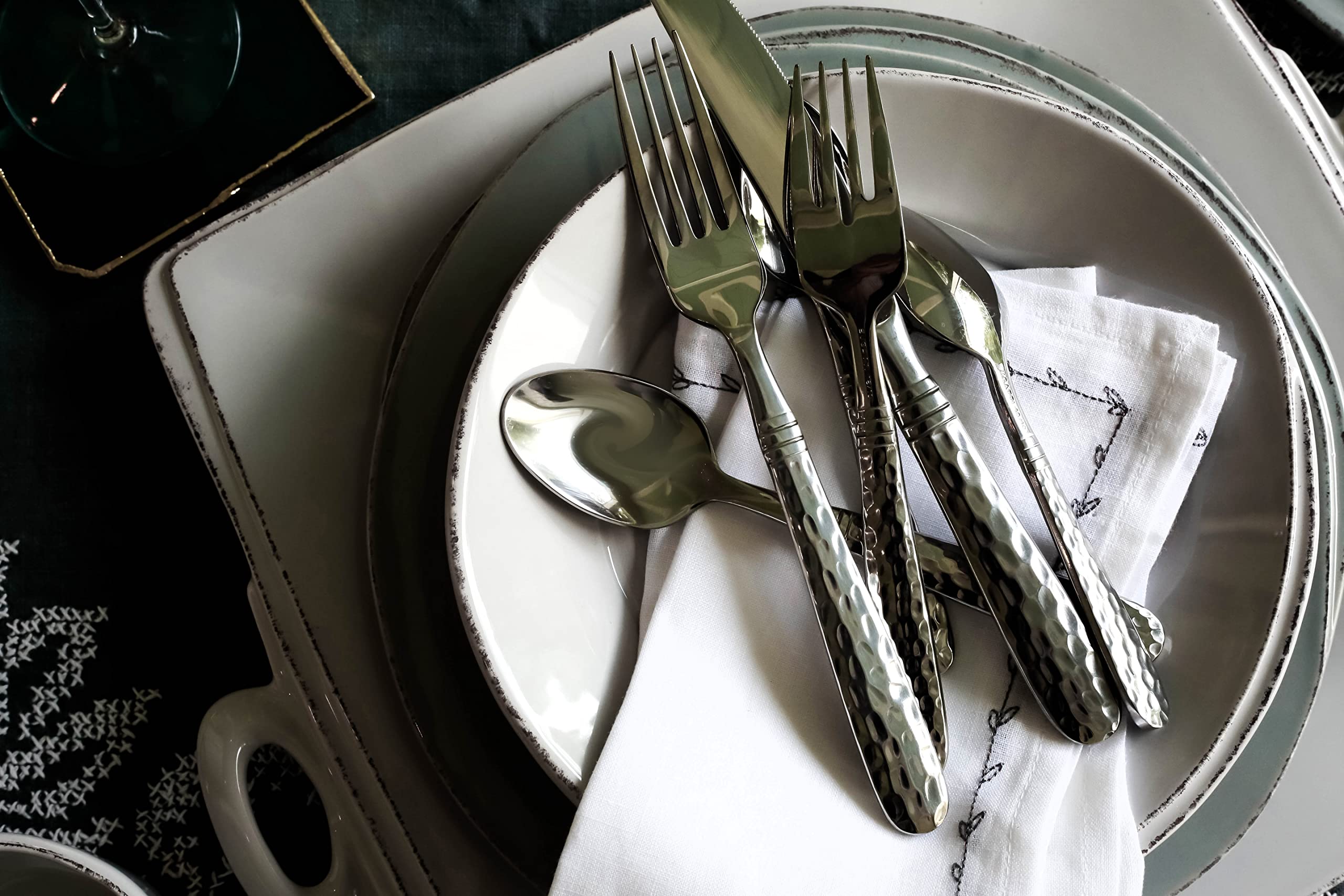 Vietri Martellato Silver 5-Piece Stainless Steel Flatware Set - Premium 18/10 Handcrafted Cutlery for Fine Dining, Wedding Gifts & Elegant Table Settings