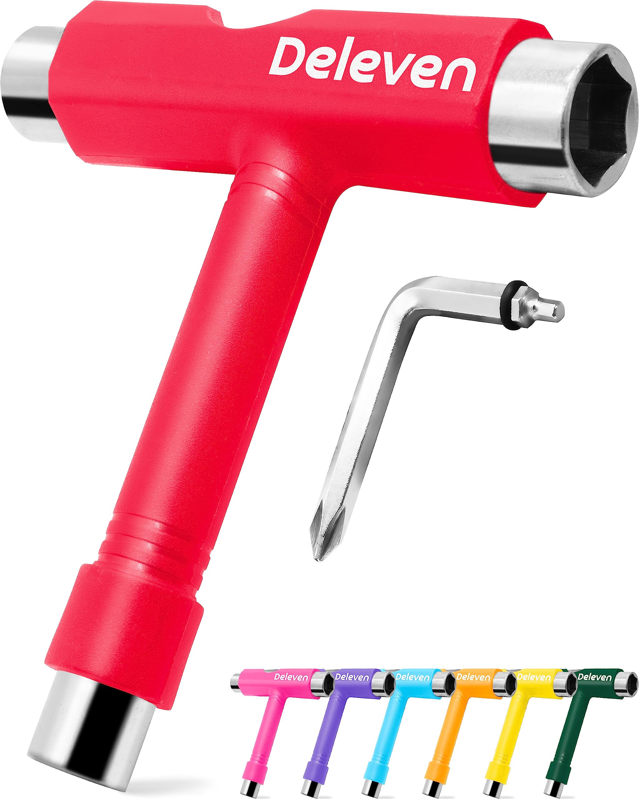 Deleven All-in-One Lightweight Portable Skateboard Tool - T Tool with Allen Wrench & Phillips Head Screwdriver for Adjusting Roller Skates, Longboards, Skateboards, Quads, Wheels, Trucks & Kingpin | Perfect for Skateboard Maintenance & Outdoor Sports Gear Repair