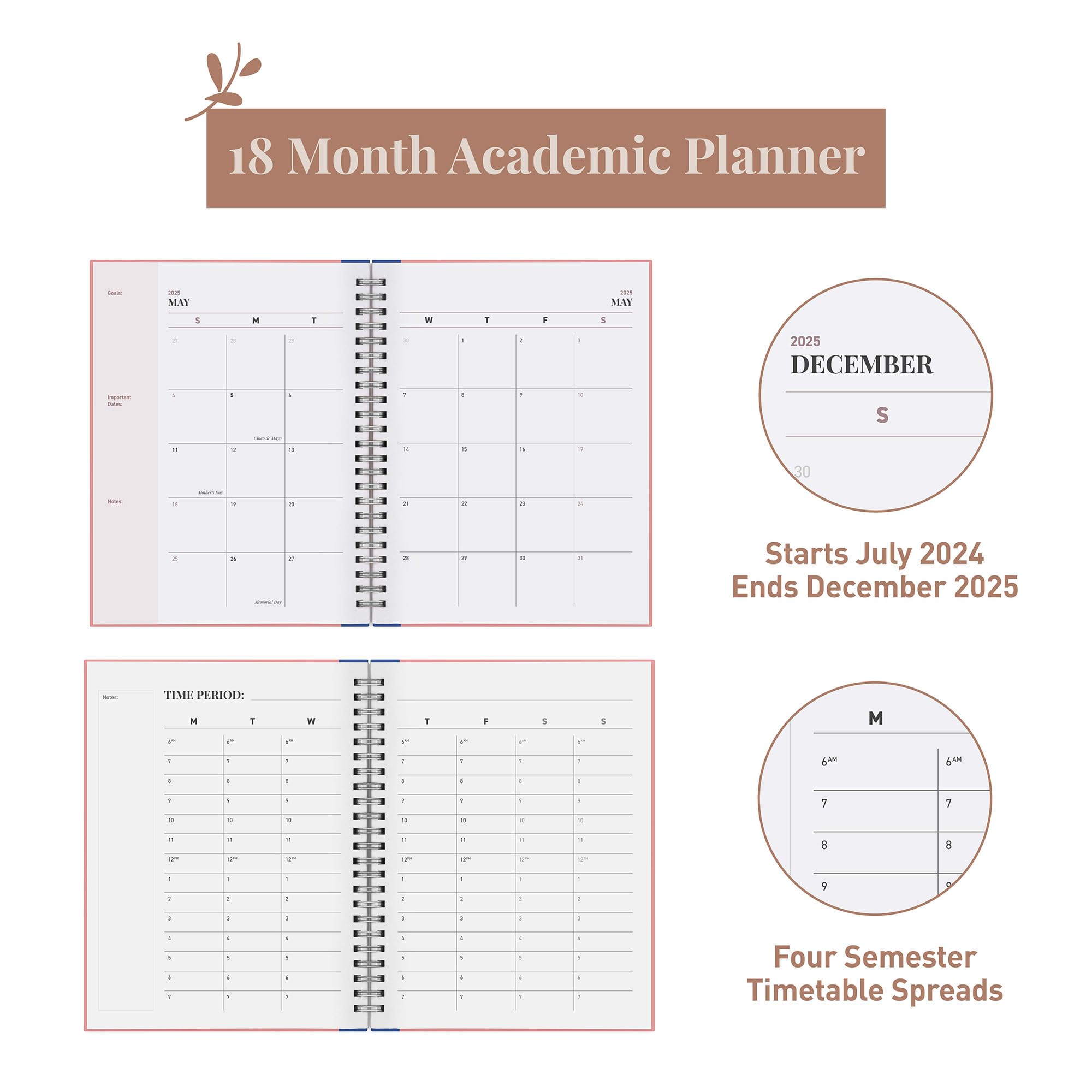 Riley's 2024-2025 Academic Planner | 18-Month Weekly & Monthly Organizer with Twin-Wire Binding | Durable Cover & Notes Pages | 8.3 x 5.9 Inch Pink Student Planner | Perfect for College, School & Work Schedule Planning