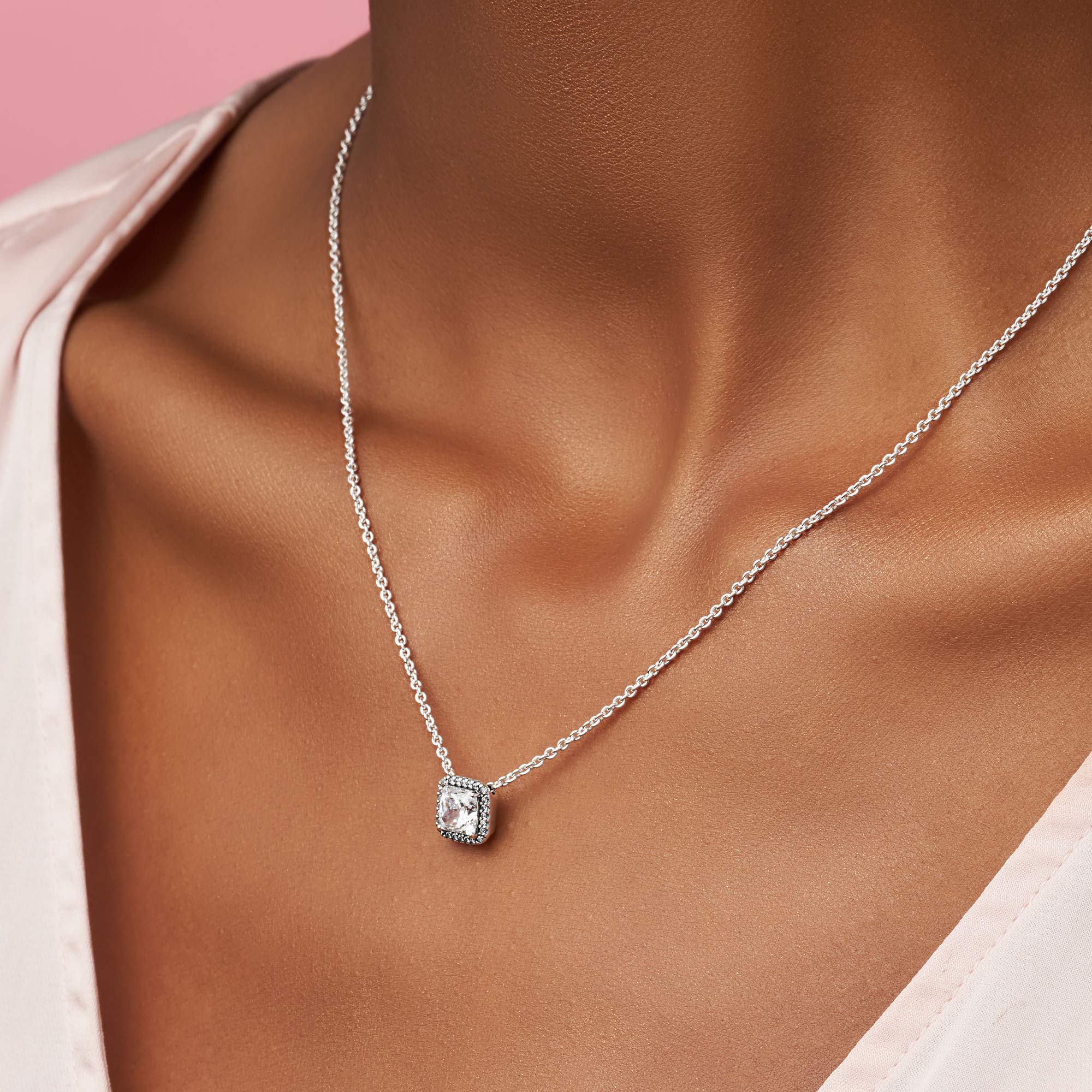 PANDORA Sterling Silver Square Sparkle Halo Necklace with Cubic Zirconia | Elegant Jewelry Gift for Women | 17.7