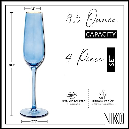 Vikko 8.5oz Champagne Flutes Set of 4 - Elegant Blue with Gold Rim Crystal Clear Sparkling Wine Glasses for Wedding Toasts, Anniversary Celebrations & Romantic Dinners