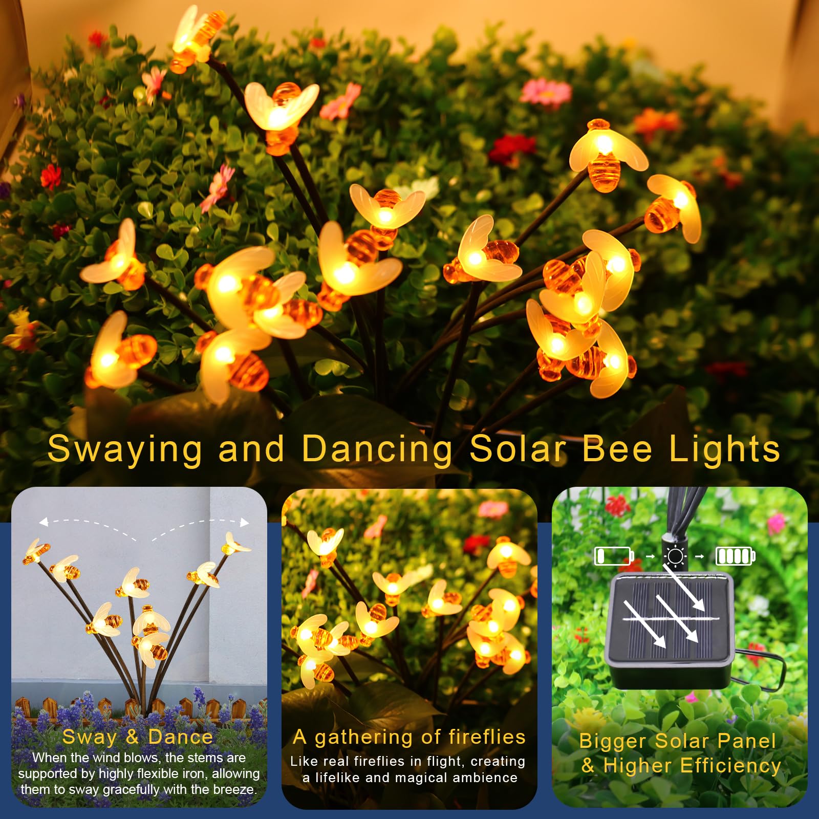 Solar Powered Bee Garden Lights Outdoor Waterproof - 16 LED Solar Bee Fairy Lights (2 Pack) for Patio, Yard, Lawn & Party Decor - 8 Lighting Modes, Warm White - Perfect for Garden Pathways, Backyard Lighting & Outdoor Evening Events