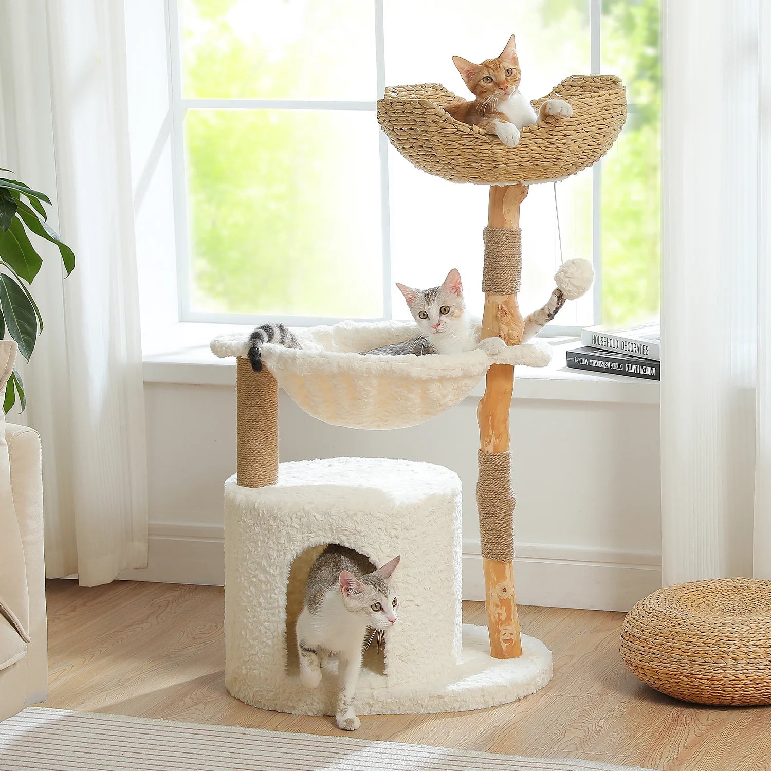 Premium 41-Inch White Cloud Plush Cat Tree with Real Wood - Perfect for Indoor Play, Climbing, and Scratching for Your Feline Friend