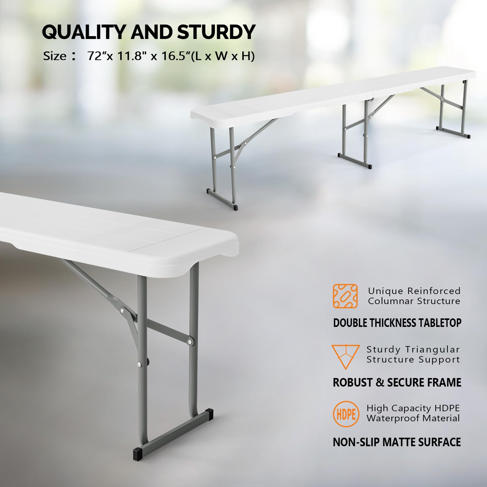VINGLI 6ft White Plastic Folding Bench - Portable Indoor Outdoor Picnic Table for Camping, Dining, Garden & Soccer | Smooth HDPE Tabletop | Multipurpose Seat for Parties & Entertaining (1 Pack) - Perfect for Backyard BBQs, Beach Trips & Tailgating