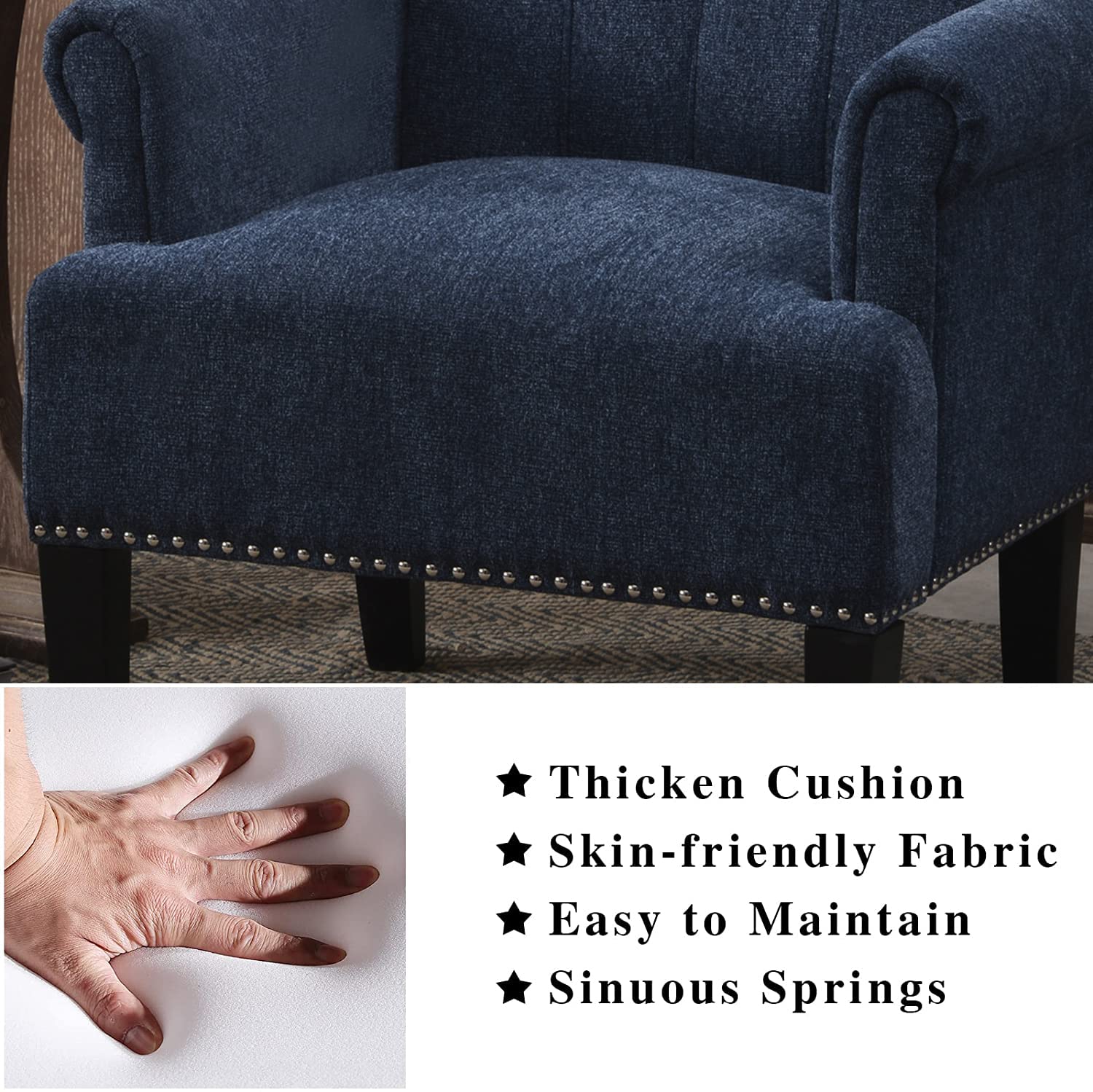 **Henf Accent Chair - Tufted Polyester Armchair with Rubber Wood Legs, Navy Blue Upholstered Barrel Chair for Living Room, Bedroom, or Hosting Room - Perfect for Reading, Relaxing, and Entertaining Guests**