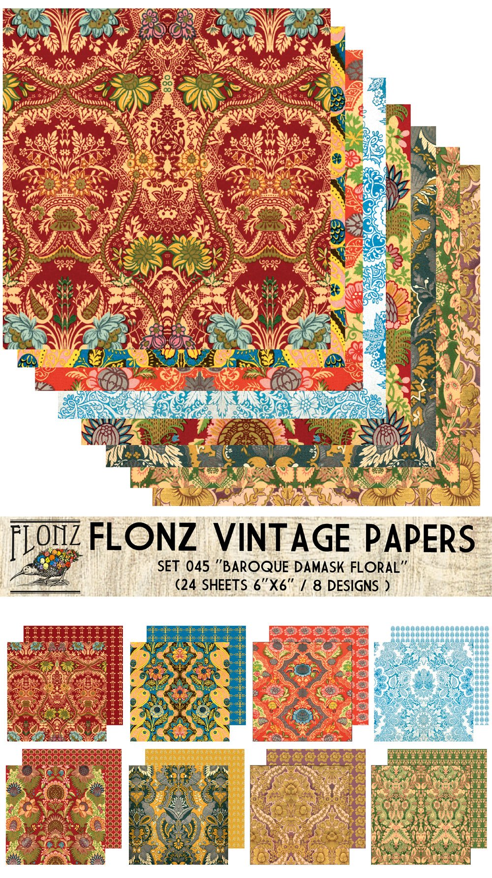 Vintage Baroque Damask Floral Scrapbook Paper Pack (24 Sheets, 6