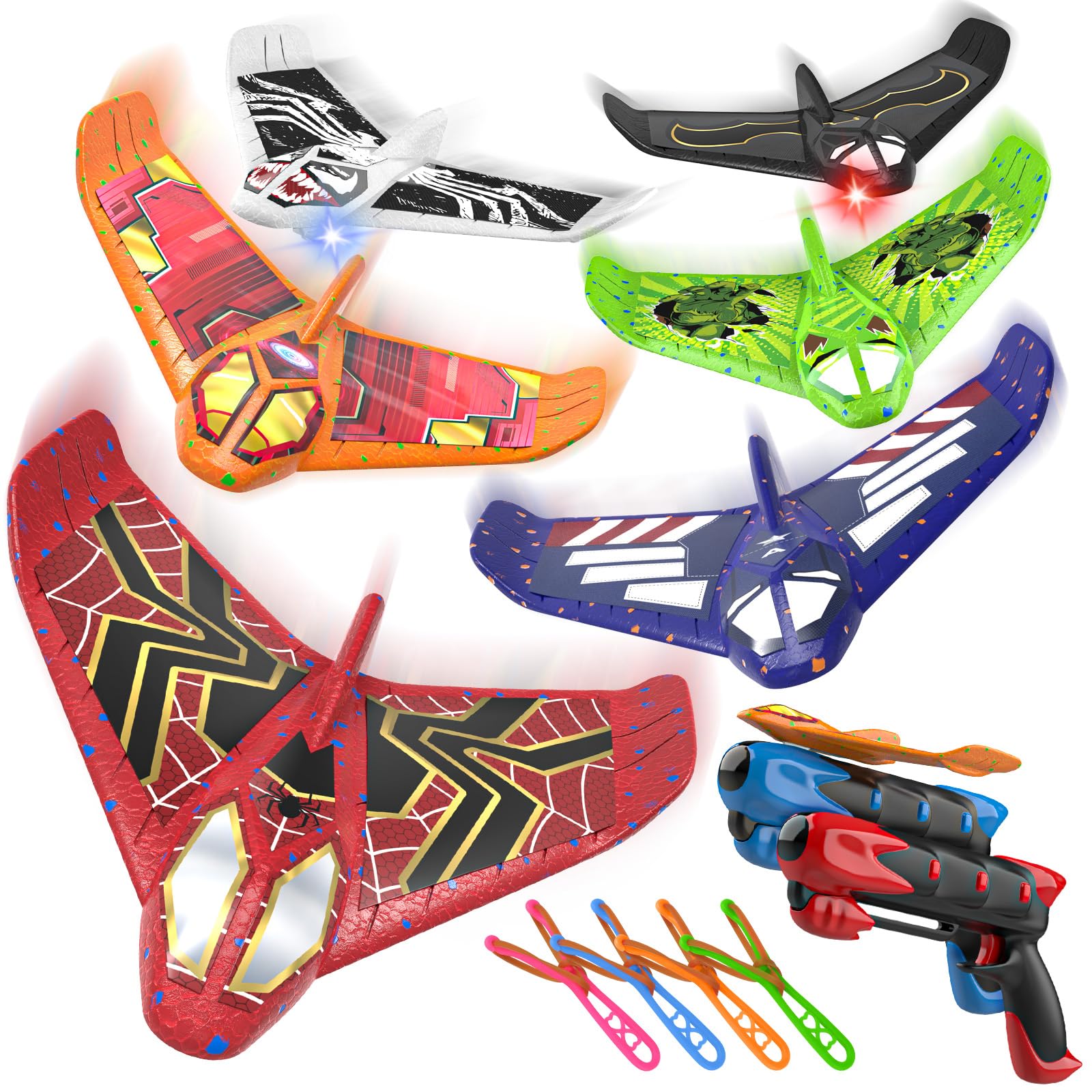 Fuwidvia 6 Pack LED Foam Airplane Launcher Toys for Kids - Outdoor Flying Fun for Boys & Girls Ages 3-12, Birthday Gift