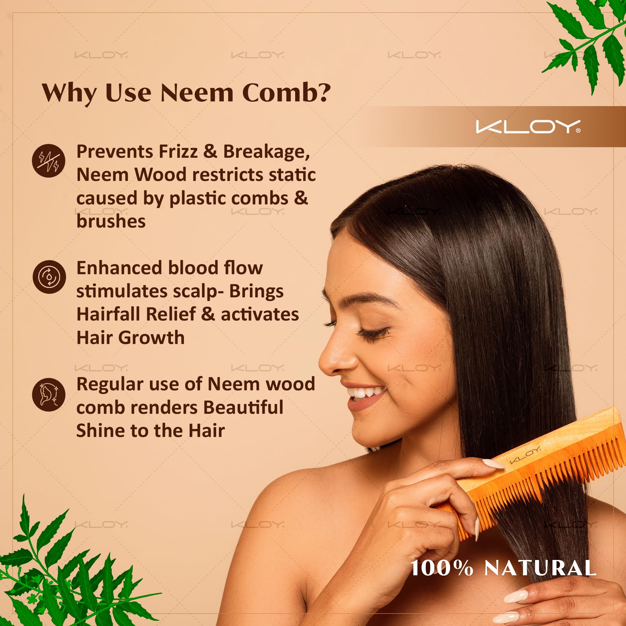 KLOY Oil Treated Kacchi Neem Comb for Hair Growth - Infused with Neem Oil, Bhringraj & 15+ Herbs | Anti Hairfall & Dandruff Control | Frizz & Straightening Comb for Men & Women (Dual Tooth) | Perfect for Daily Hair Care & Scalp Massage