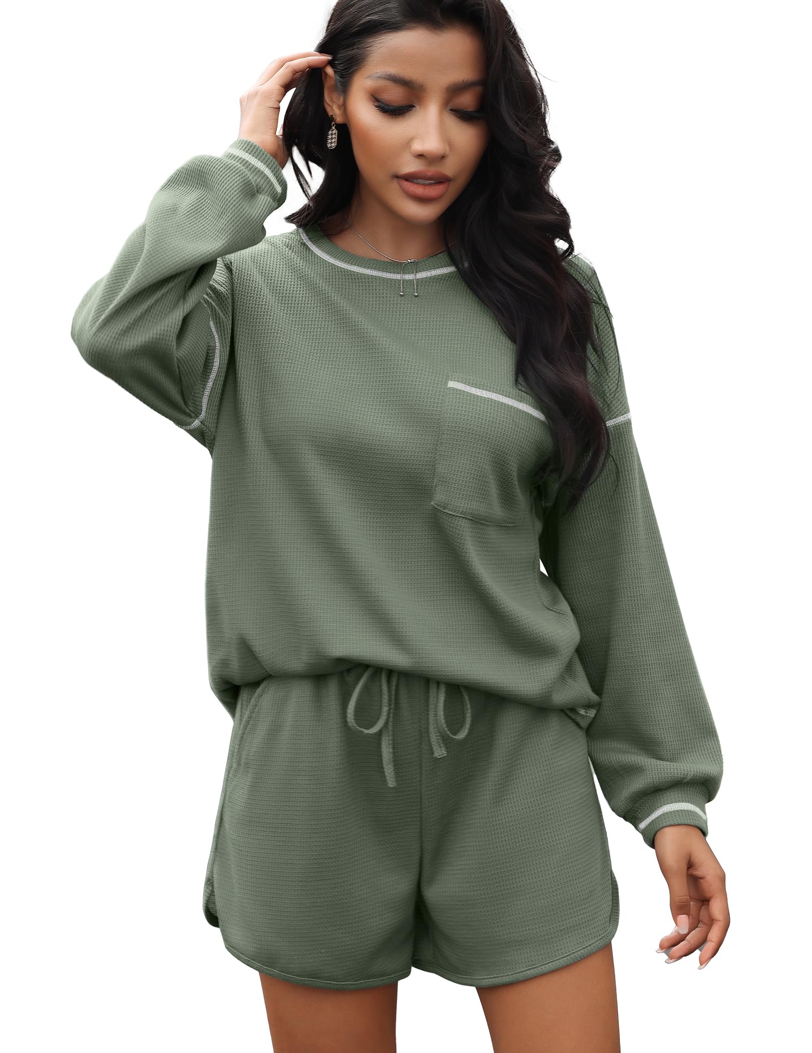 Andeip Women's 2 Piece Casual Outfit - Short Sleeve Waffle Knit Top & Drawstring Shorts Lounge Set | Summer Comfort Wear for Home, Beach & Vacation