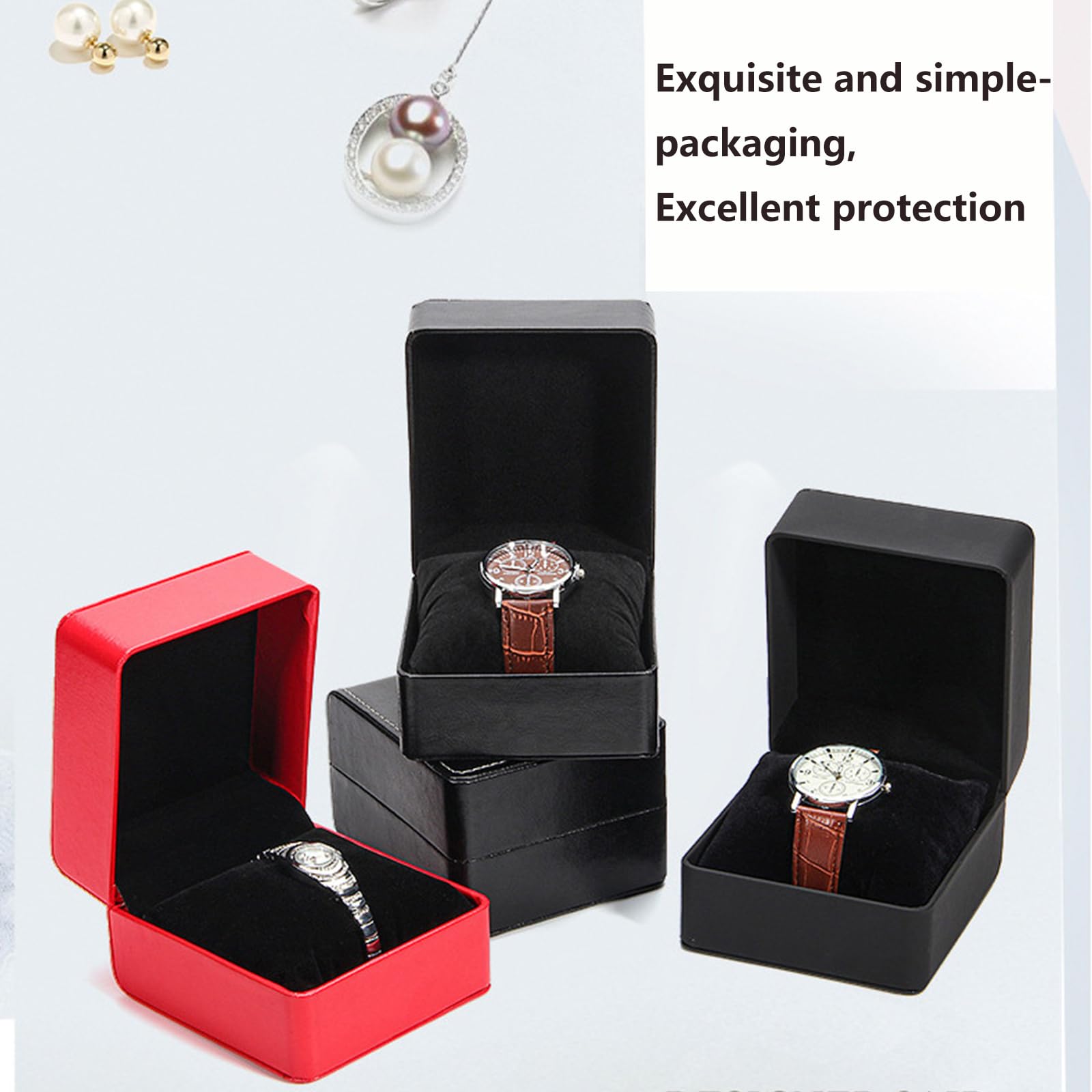 Premium PU Leather Watch Box with Soft Cushion - Luxury Watch Storage Case for Smartwatches, Jewelry & Accessories - Perfect Gift for Men & Women (Birthday, Anniversary) - Matte Black with Red Stitching - Ideal for Travel, Home Display & Watch Collection Organization