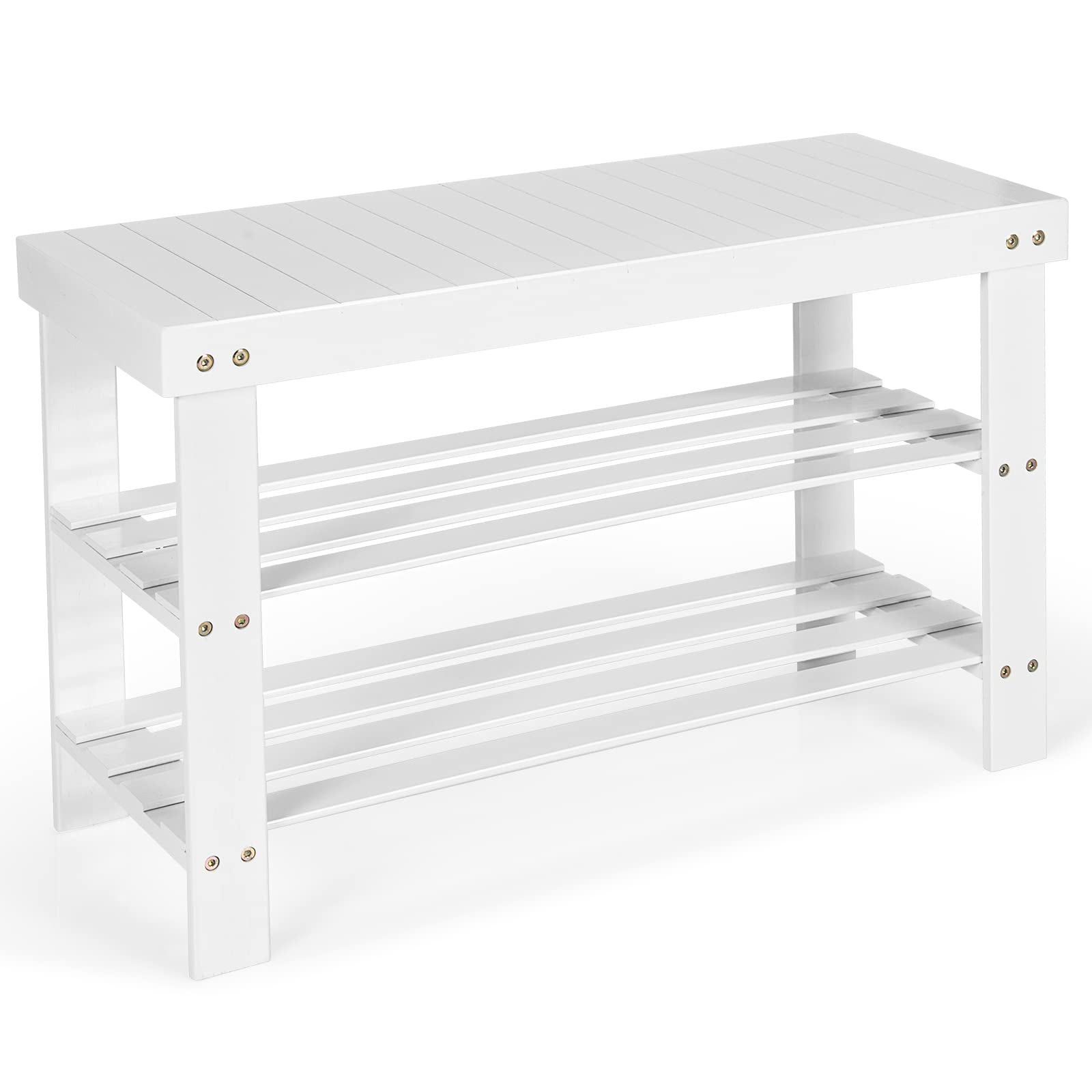 Giantex 3-Tier Bamboo Shoe Bench & Storage Rack - Holds 6 Pairs of Shoes - Entryway Organizer for Heels, Slippers - Perfect for Living Room, Bathroom, Hallway (White) - Space-Saving Shoe Shelf for Small Apartments & Closet Organization
