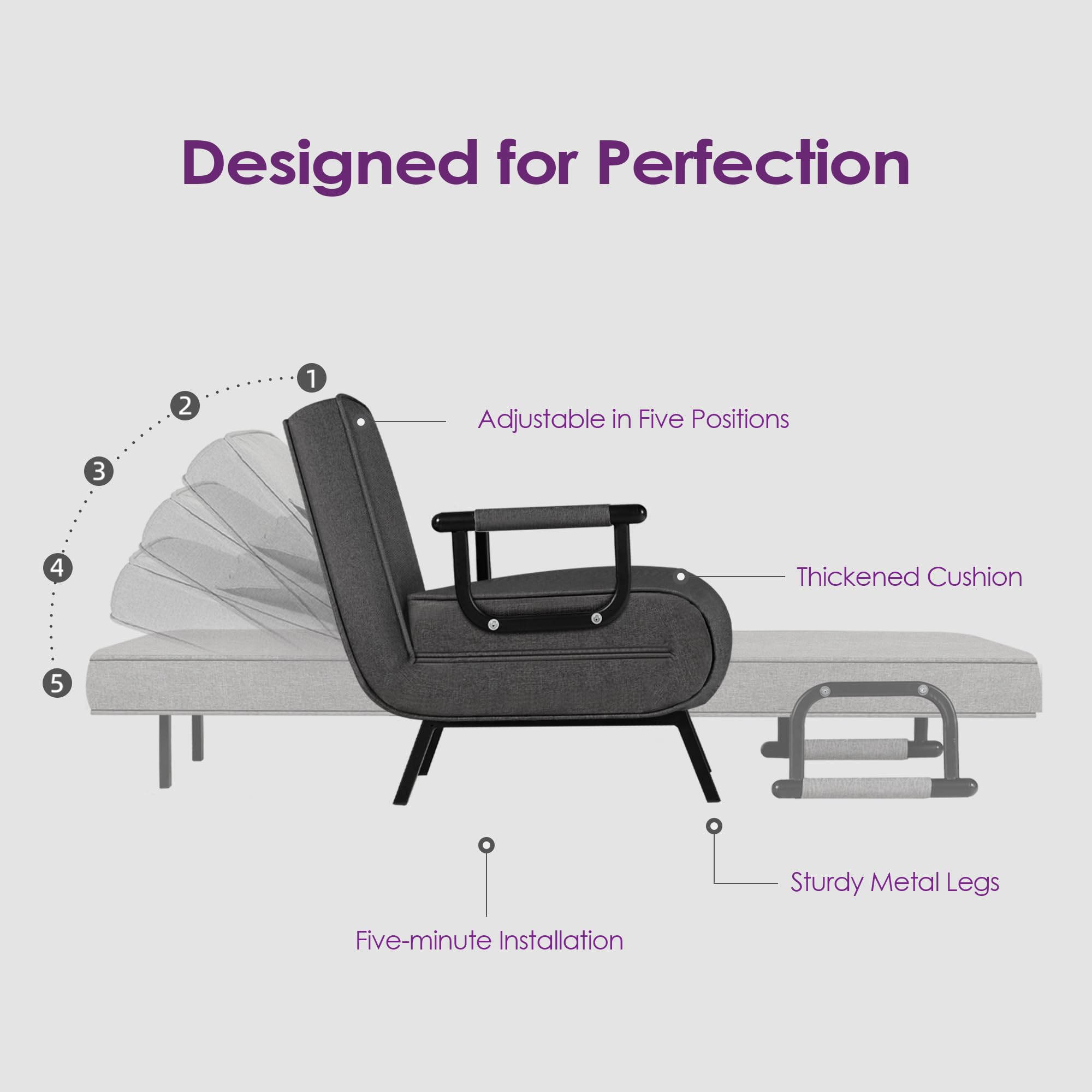 TYBOATLE 5-in-1 Convertible Sofa Sleeper Chair Bed - Adjustable Chaise Lounge Couch with 5-Position Backrest & Pillow - Space Saving Floor Futon for Small Apartments, Home Office, Dorm Room (Dark Grey) - Perfect for Living Rooms, Guest Beds & Studio Apartments