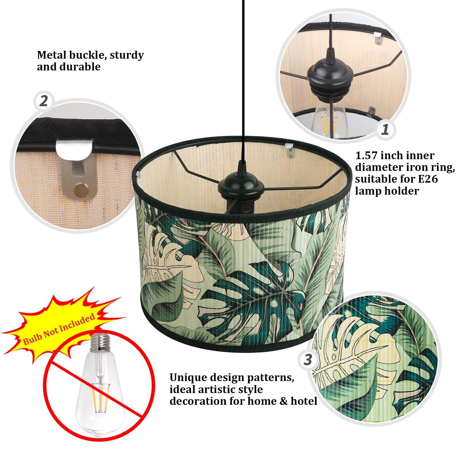 Eoiips Plug-in Pendant Light Bamboo - 14.76ft Hanging Lamp with ON/Off Switch & Patterned Shade - Modern Lighting Fixture for Kitchen Island, Bedroom, Living Room (Greenery Design) - Perfect for Dining Areas, Coffee Shops & Home Decor