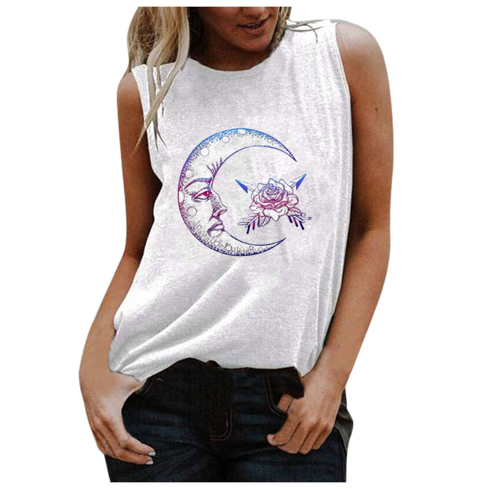 Women's O-Neck Moon Print Sleeveless Loose Vest Top - Comfortable Casual Summer T-Shirt for Women | Perfect for Beach Outings, Streetwear & Daily Wear