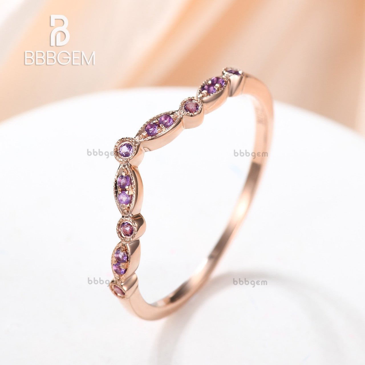 14K Rose Gold Milgrain Marquise Curve V Amethyst Wedding Band – Elegant Bridal Ring for Women, Perfect for Engagement, Anniversary & Special Occasions