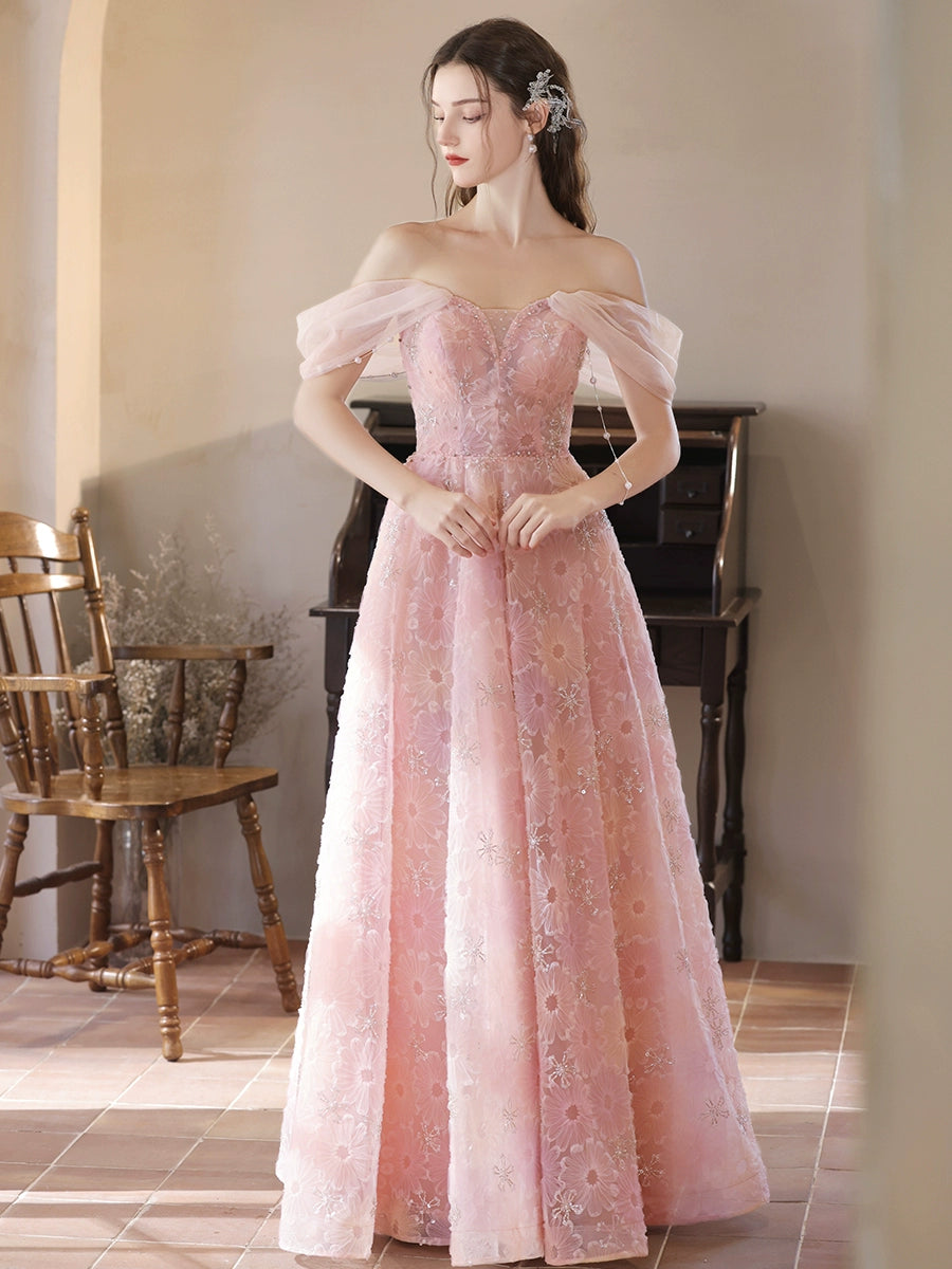 Elegant A-Line Off Shoulder Tulle Lace Pink Long Prom Dress | Pink Lace Evening Gown for Women | Perfect for Prom, Homecoming, Wedding & Formal Events