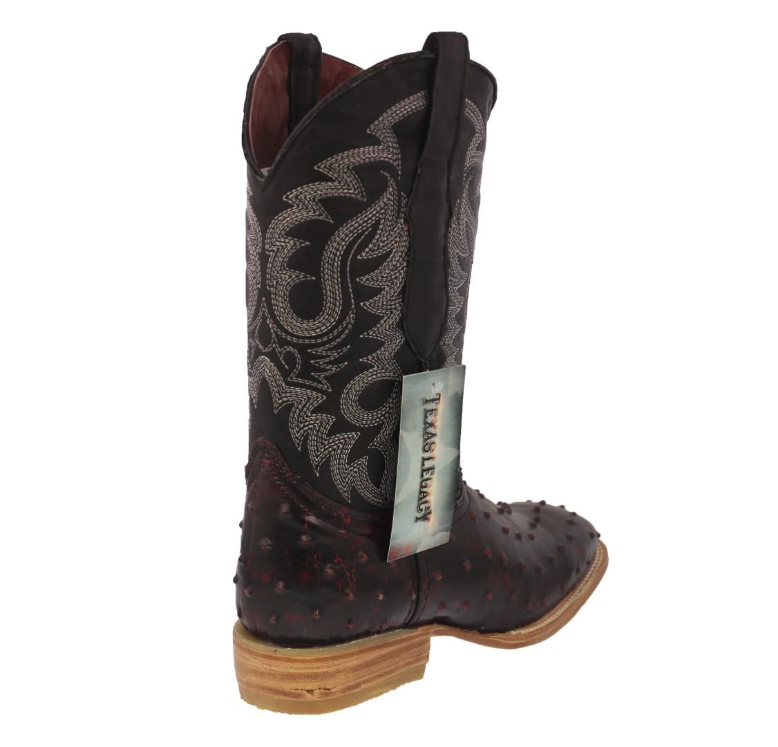 Texas Legacy Men's Black Cherry Western Leather Cowboy Boots with Ostrich Quill Print - Stylish Rodeo & Country Fashion for Western Enthusiasts