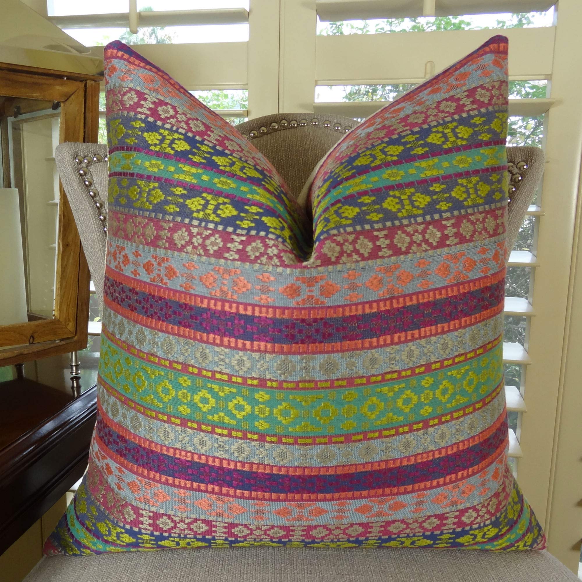 Plutus Fuchsia Stripes Handmade Throw Pillow 12x20 Inches - Soft Decorative Cushion Cover for Sofa, Bed, Chair - Magenta Green Blue Bohemian Home Decor (Perfect for Living Room, Bedroom & Nursery)
