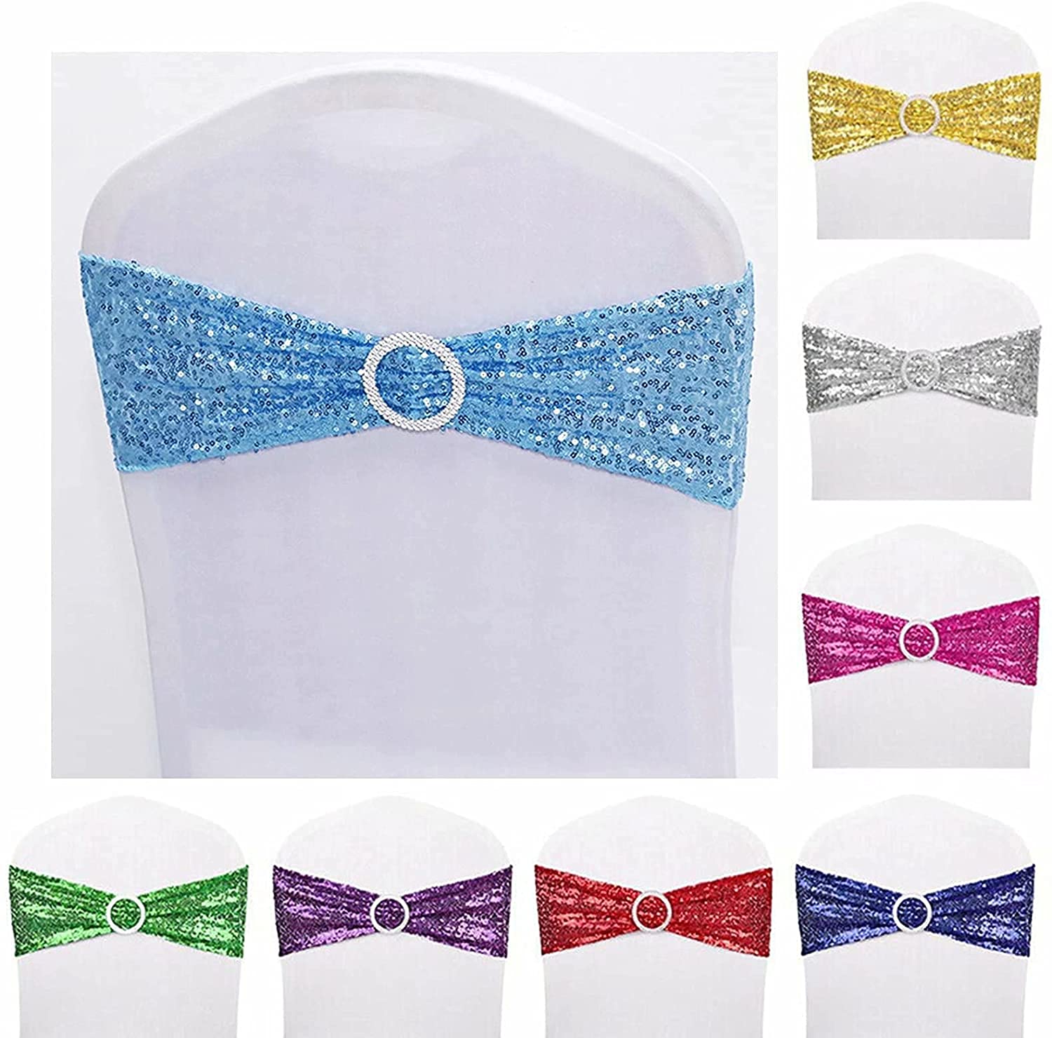 Sparkling Sequin Chair Sashes - 6 Pack Stretchy Spandex Chair Bands with Buckles for Wedding, Banquet, Birthday, Graduation & Anniversary Decor - Party Chair Decorations (Azure Blue, 6 Pieces) - Perfect for Adding Glamour to Event Seating & Photo Backdrops