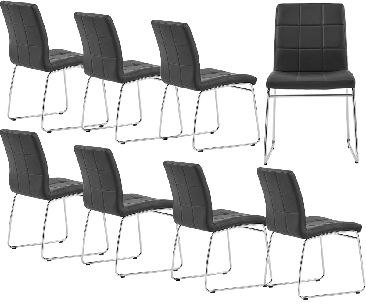 Modern PU Leather Dining Chairs Set of 8 - Chrome Metal Legs, Comfortable Kitchen & Dining Room Chairs for Home, Restaurant, Office - Black (Perfect for Family Gatherings & Entertaining Guests)