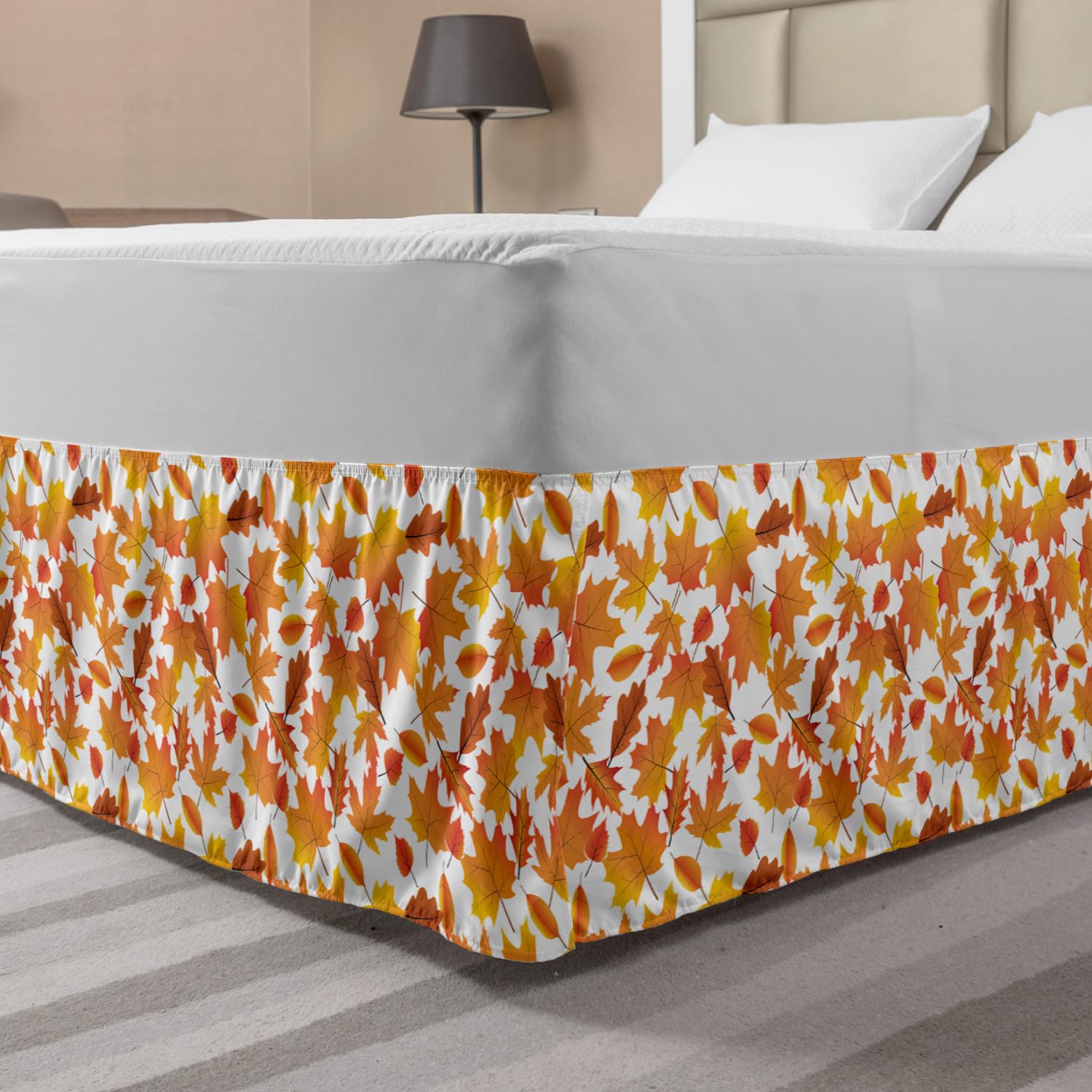 Ambesonne Burnt Orange Bed Skirt - Autumn Leaves Pattern Elastic Dust Ruffle Wrap Around for Queen Size Bed | Fall Home Decor & Bedroom Styling