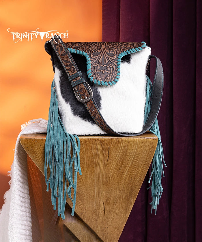 Trinity Ranch Genuine Hair-On Cowhide Tooled Western Shoulder Bag - Perfect for Rodeo, Country Music Festivals & Cowgirl Fashion