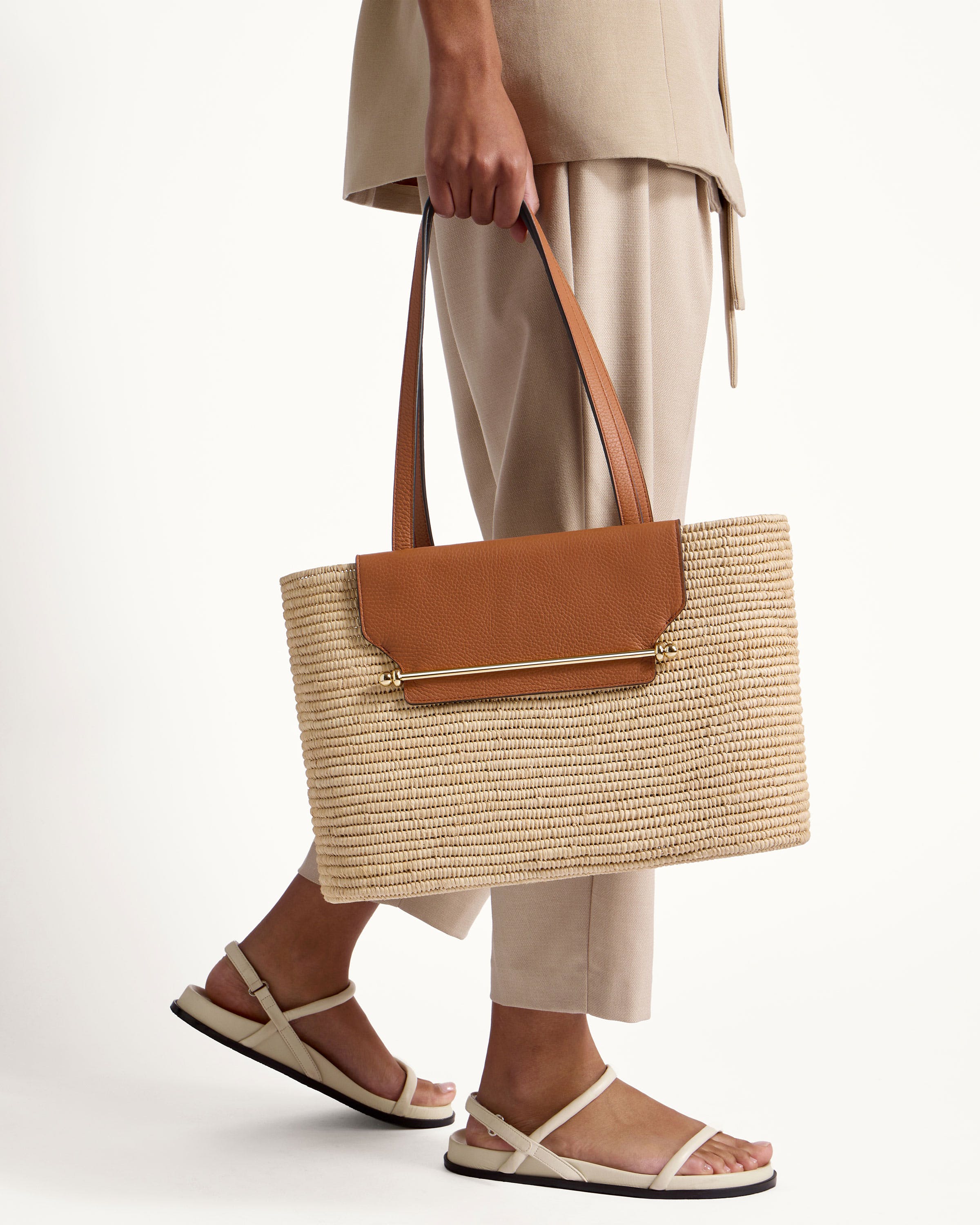 Strathberry Medium Basket Bag - Handwoven Raffia & Genuine Leather in Tan - Perfect for Beach, Picnics, and Summer Outings