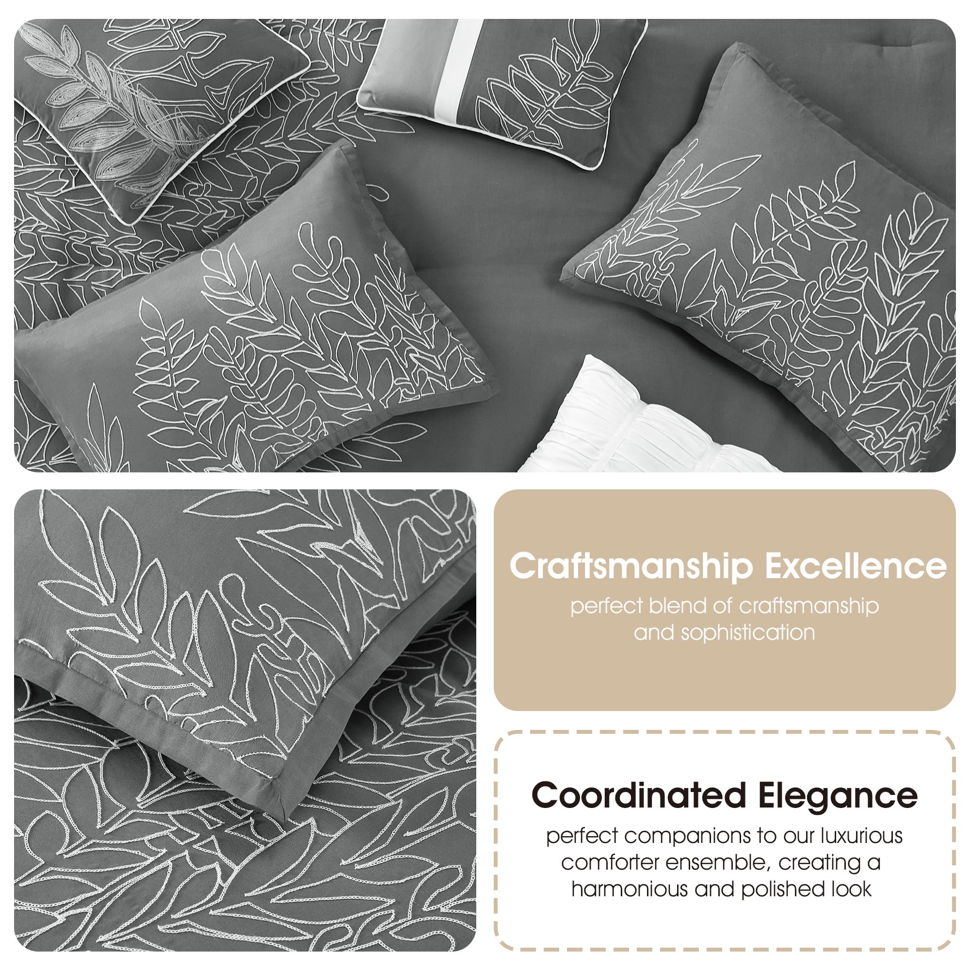 Grand Avenue Grey Leaves King Size Comforter Set - 7 Piece Bedding Set with Pillow Shams, Bed Skirt & Decorative Pillows | All Season Luxury Home Decor for Master Bedroom