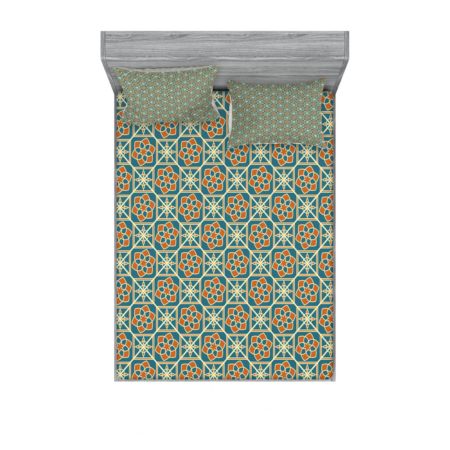 Ambesonne 2-Piece Queen Size Fitted Sheet Set with 4 Pillow Shams - Floral Daffodil Pattern in Teal & Orange - Soft Bedding Decor for Guest Room, Master Bedroom or Vacation Home