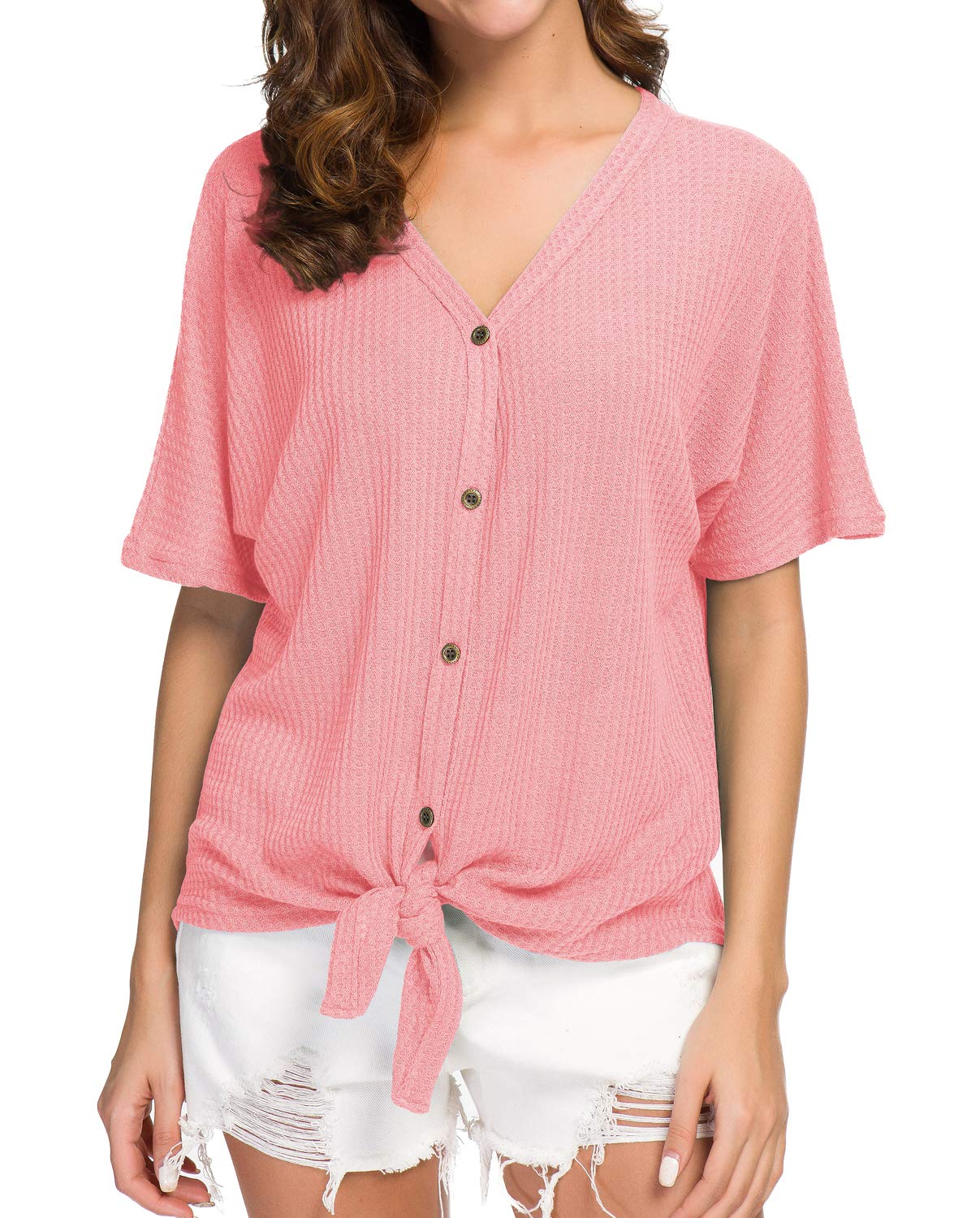 IWOLLENCE Women's Waffle Knit Tunic Blouse - Tie Knot Short Sleeve Henley Top, Loose Fitting Batwing Shirt for Casual Wear, Office Outfits & Spring Layering