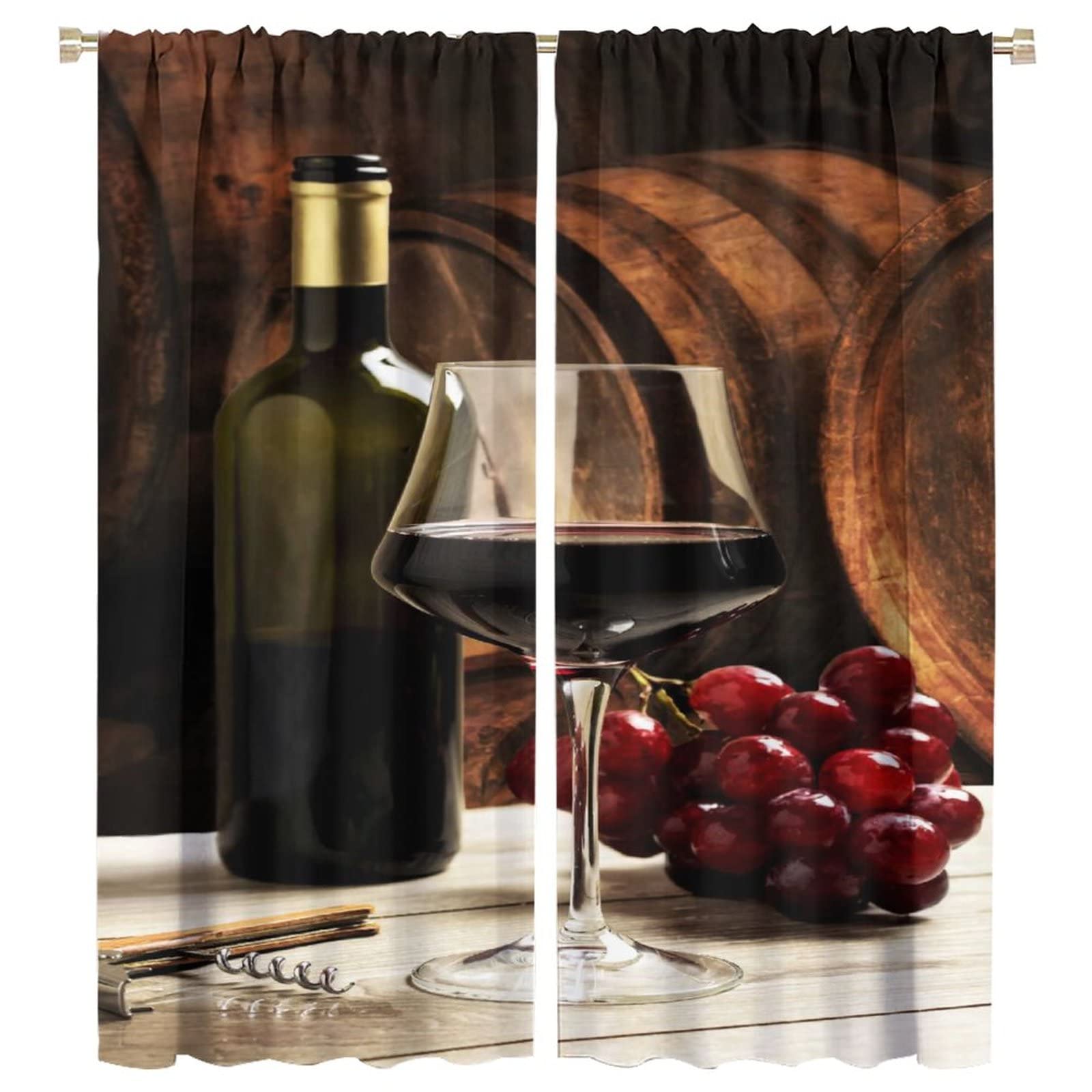 Blackout Noise Reducing Curtains for Kitchen & Bedroom - Retro Wine & Grapes Wooden Background Design - 2 Panels (42x45 inches) - Perfect for Boys & Girls Rooms, Dining Areas & Wine Cellars