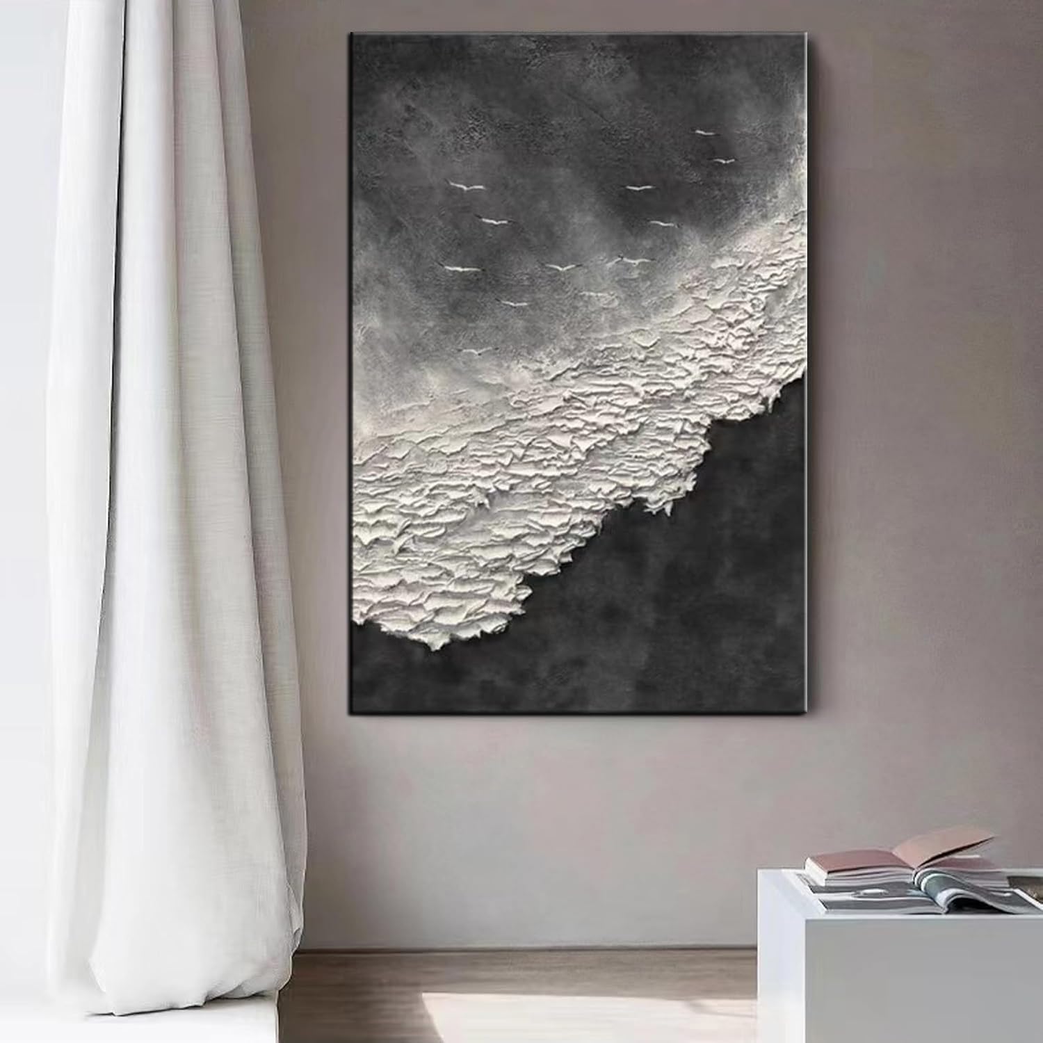 YaSheng Hand-Painted Abstract Oil Painting - Thick Texture Black & White Sea Wave Wall Art, Modern Minimalist Home Decor (24x36 Inch) for Living Room, Bedroom, Dining Room & Office Spaces