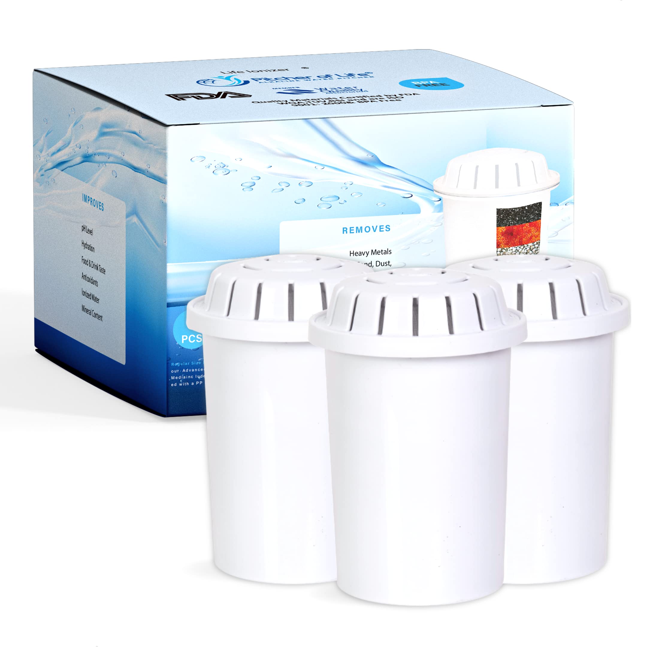 Life Ionizer Glass Pitcher Replacement Alkaline Water Filter Cartridge - F004 Compatible Filter - Pack of 3 - Perfect for Home, Office & Travel Hydration