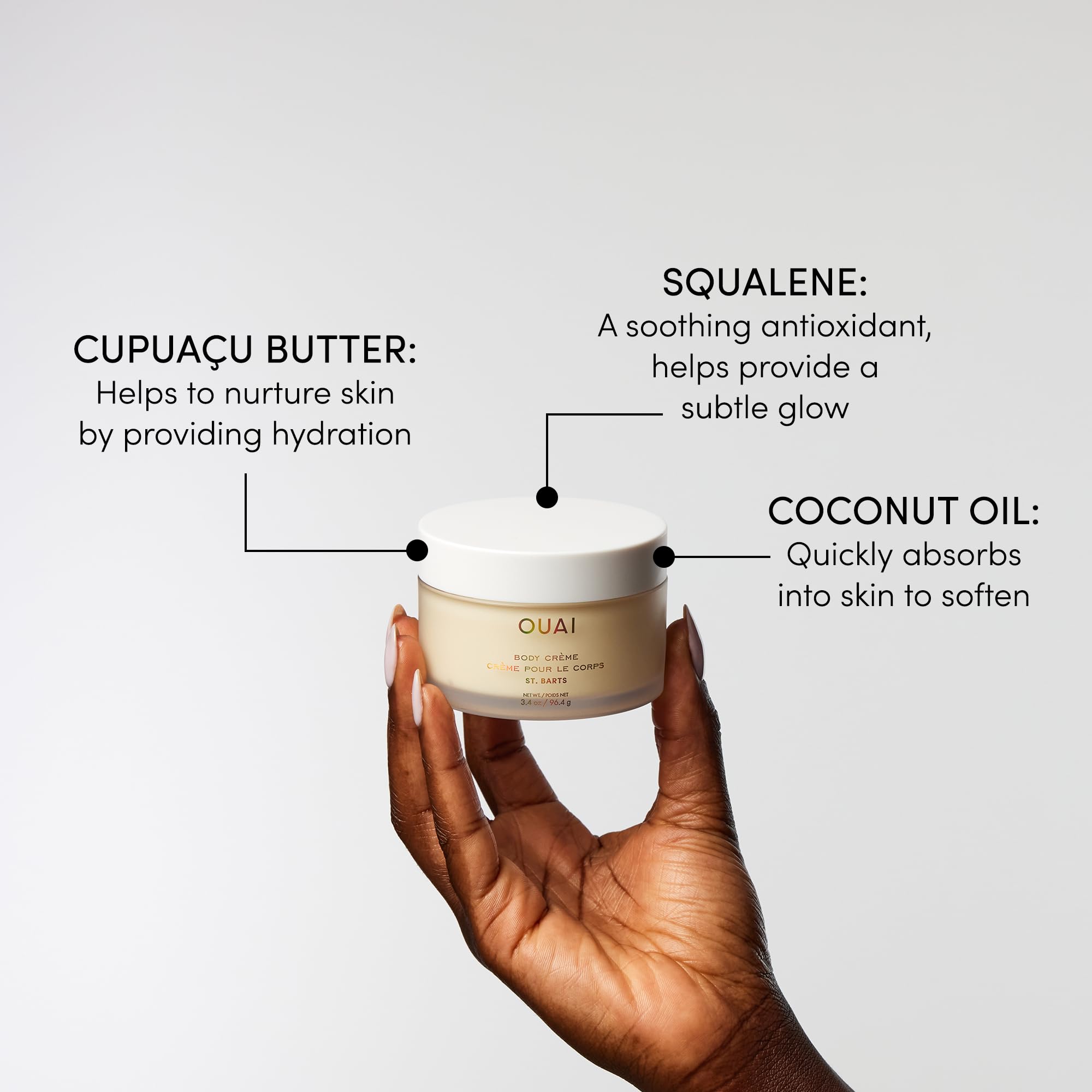 OUAI St. Barts Hydrating Body Cream Bundle with Cupuaçu Butter & Coconut Oil - Moisturizing Skin Care for Soft, Glowing Skin - Sulfate-Free Formula with Squalane (2-Pack, 7.5oz & 3.4oz) | Perfect for Dry Skin Care Routine, Post-Shower Moisturizer & Spa Day Self-Care