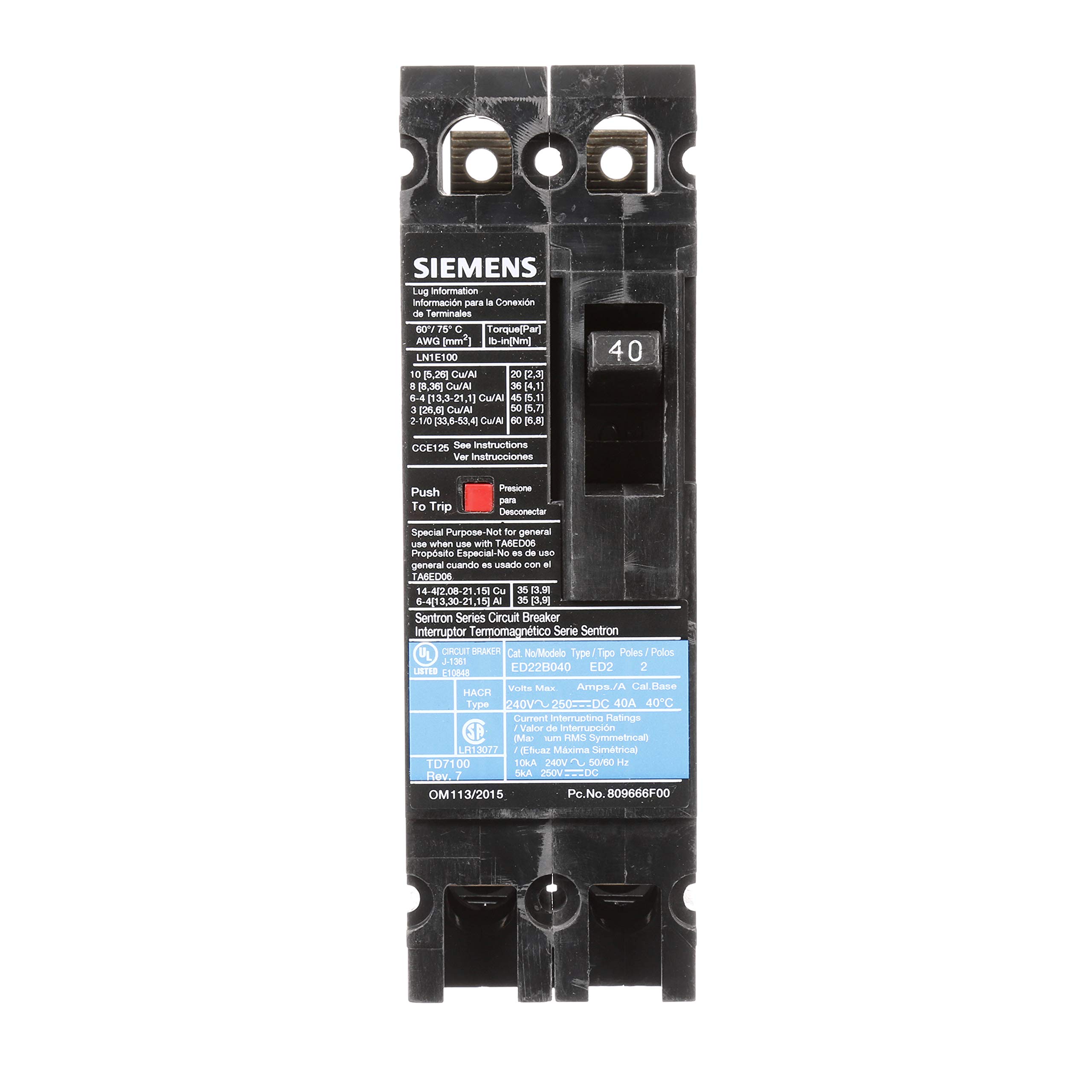 Siemens ED22B040 40 Amp 2 Pole Circuit Breaker Type ED2 - Perfect for Residential & Commercial Electrical Panels, HVAC Systems & Industrial Equipment Protection