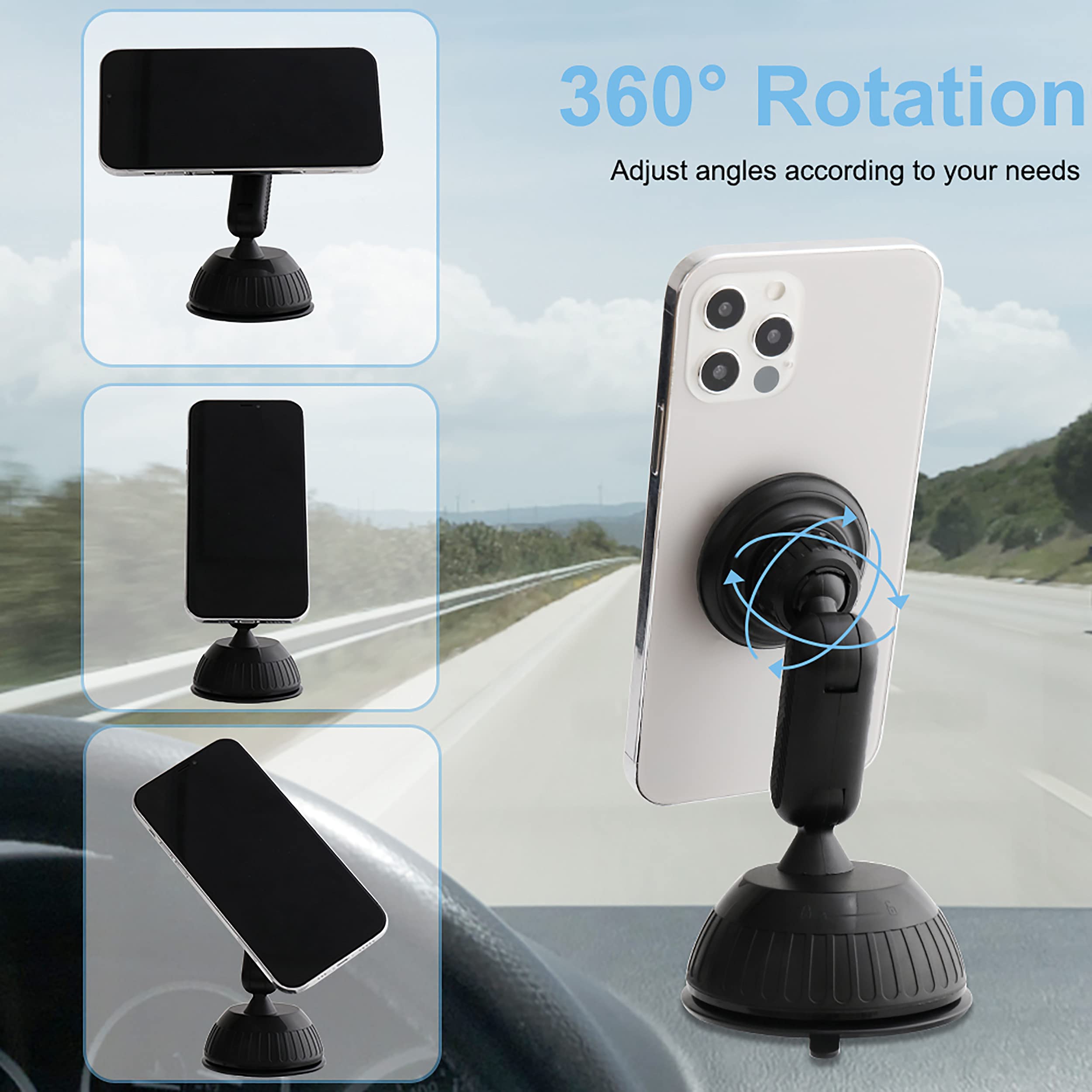 SALEX Universal Magnetic Phone Mount for Car - Adjustable & Rotatable Suction Cup Holder for Dashboard & Windshield - Compatible with Smartphones, Tablets, GPS Devices - Perfect for Hands-Free Driving & Navigation