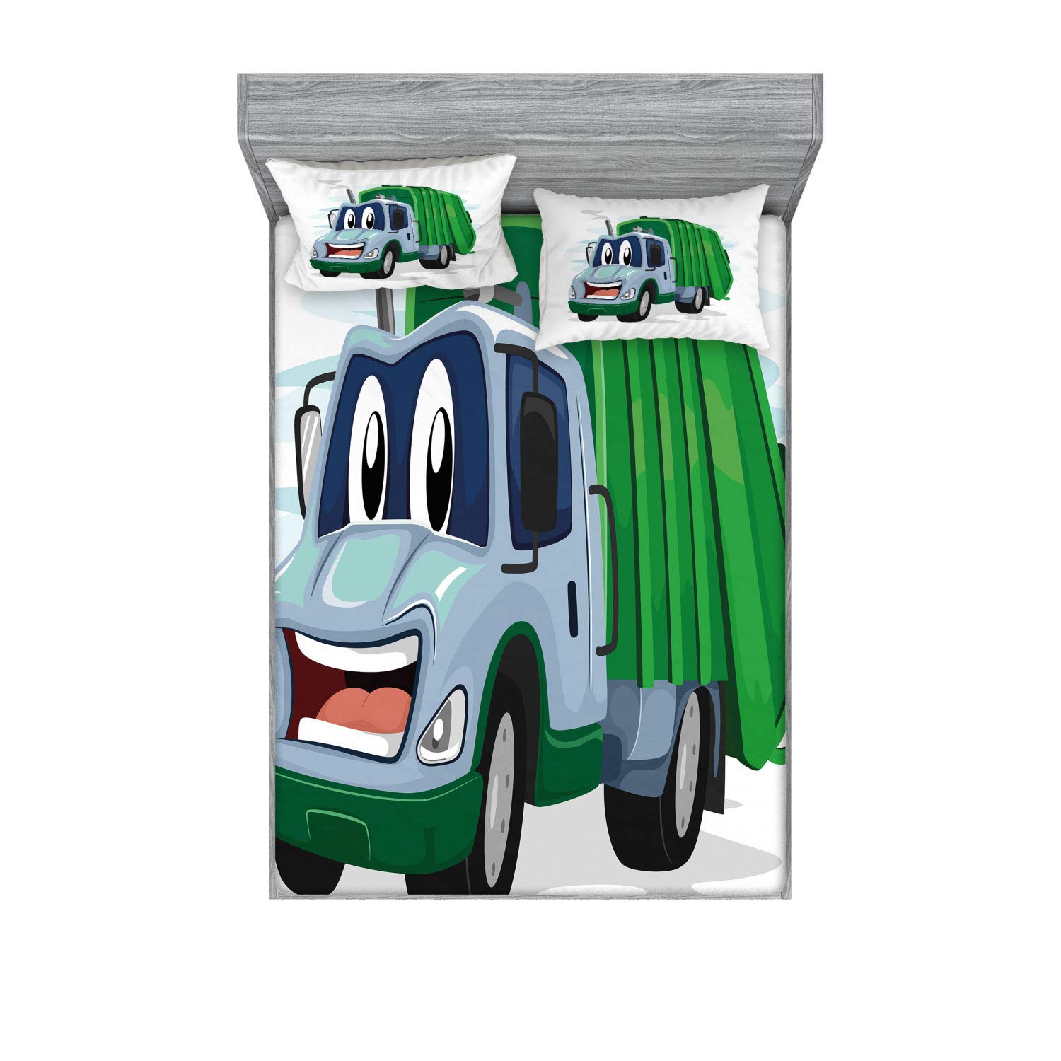 Ambesonne Garbage Truck 3-Piece Bedding Set - Full Size Fitted Sheet & Pillow Shams with Fun Cartoon Trash Truck Design, Vibrant Colors - Perfect for Kids' Rooms, Themed Bedrooms, and Truck Lovers' Decor