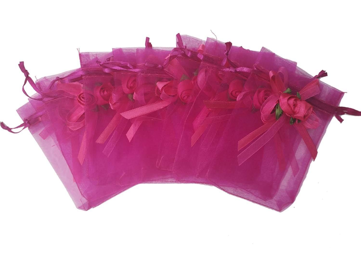 50pcs Sheer Organza Favor Bags 3.8x4.8 Inches - Wedding Party Gift Bags, Sample Display Pouches with Drawstring in Hot Pink - Perfect for Bridal Shower, Baby Shower & Birthday Favors