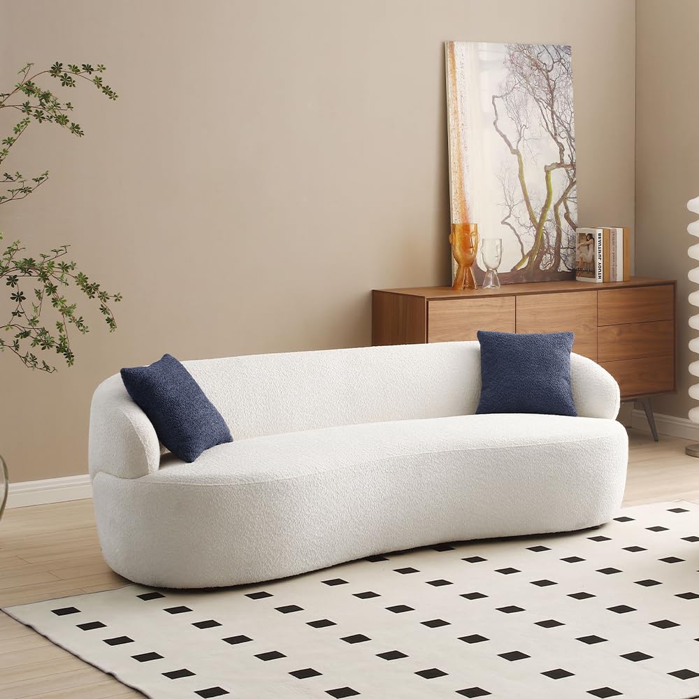 WILLIAMSPACE Modern Curved Boucle Fabric Sofa - 3-Seat Upholstered Couch with 2 Throw Pillows, Beige | Comfortable Living Room, Office & Apartment Furniture for Relaxing & Entertaining
