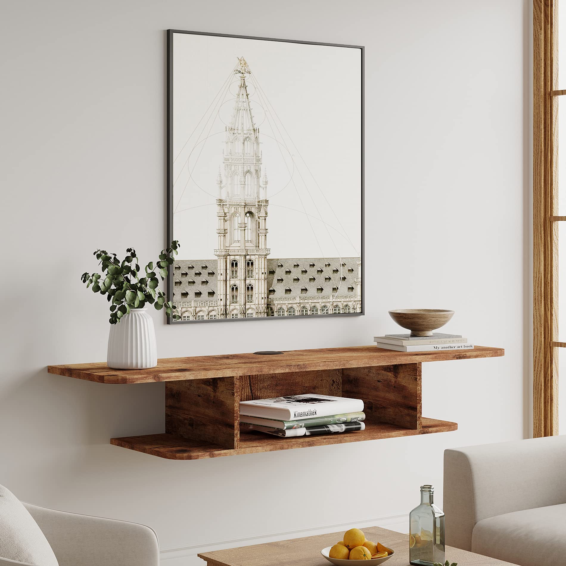 FITUEYES Floating TV Stand for 55 Inch TVs - Wall Mounted Wooden Entertainment Center with Storage Shelf, Modern Media Console for Cable Box & Components - Perfect for Living Room & Home Theater Setup (Brown)