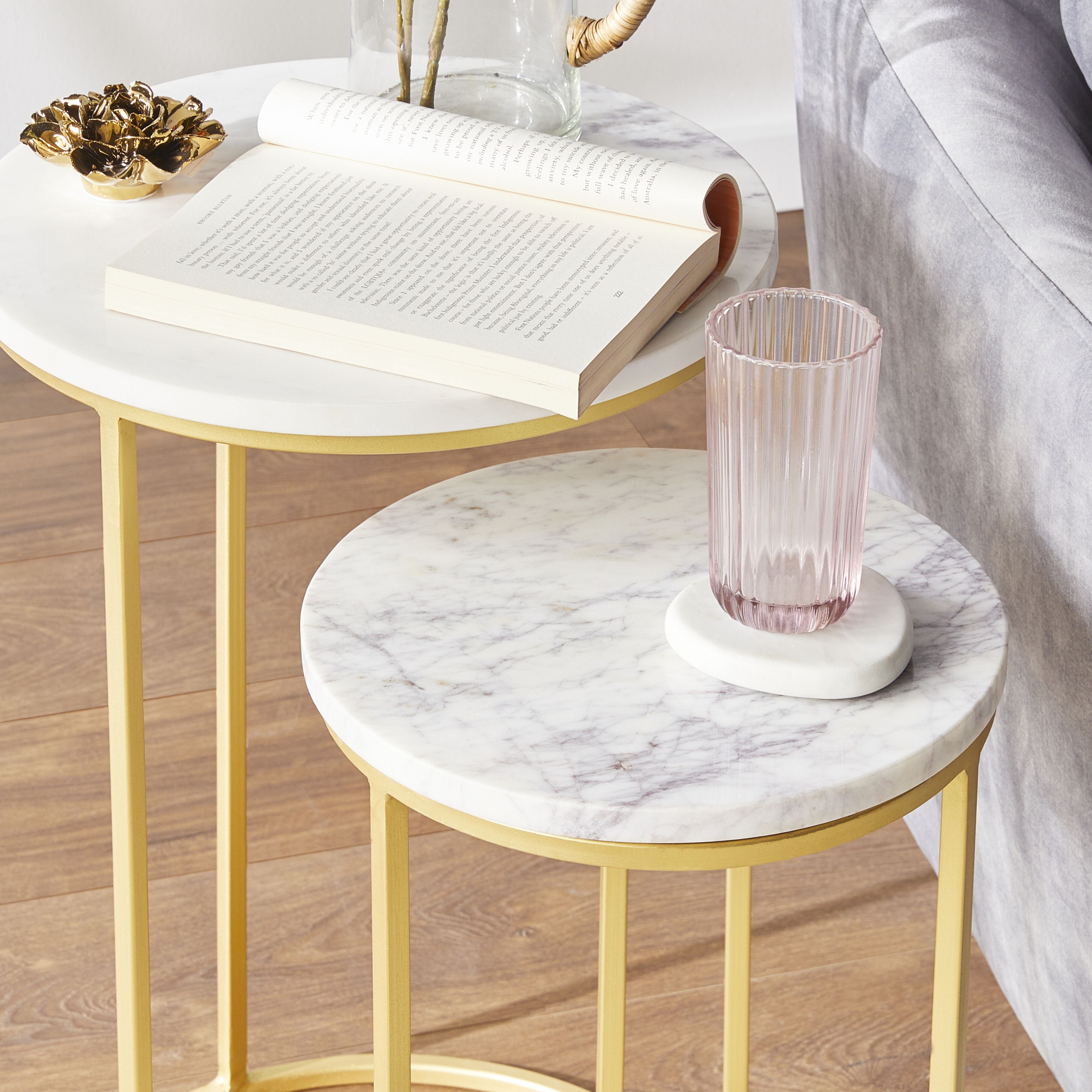 Avoca Marble Top Side Table Set of 2 - Modern End Tables with White Marble & Gold Metal Base - Perfect for Living Room, Bedroom & Office Decor