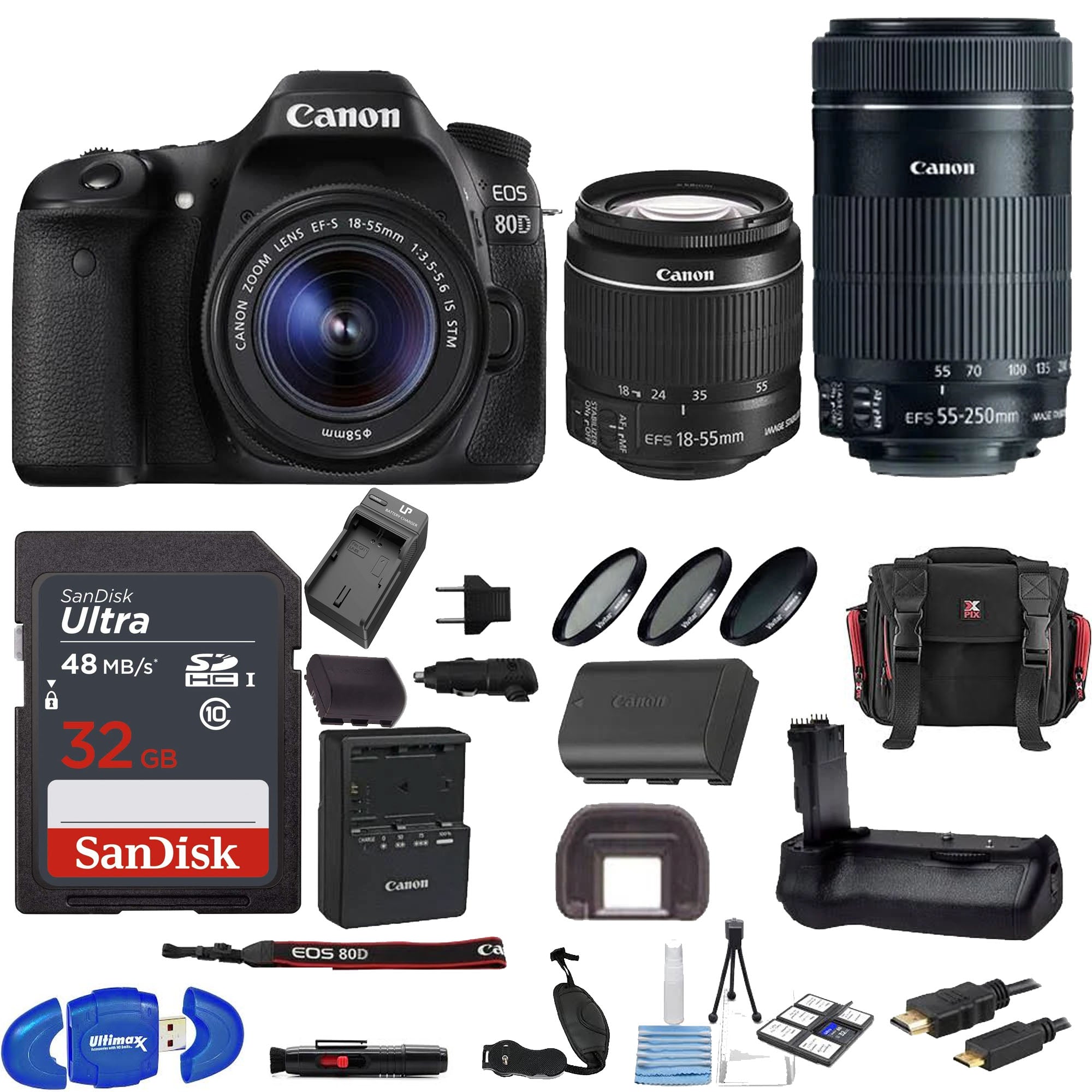 Canon EOS 80D DSLR Camera with 18-55mm & 55-250mm Lenses Kit, 32GB Memory Card - Perfect for Travel Photography, Vlogging & Professional Shooting