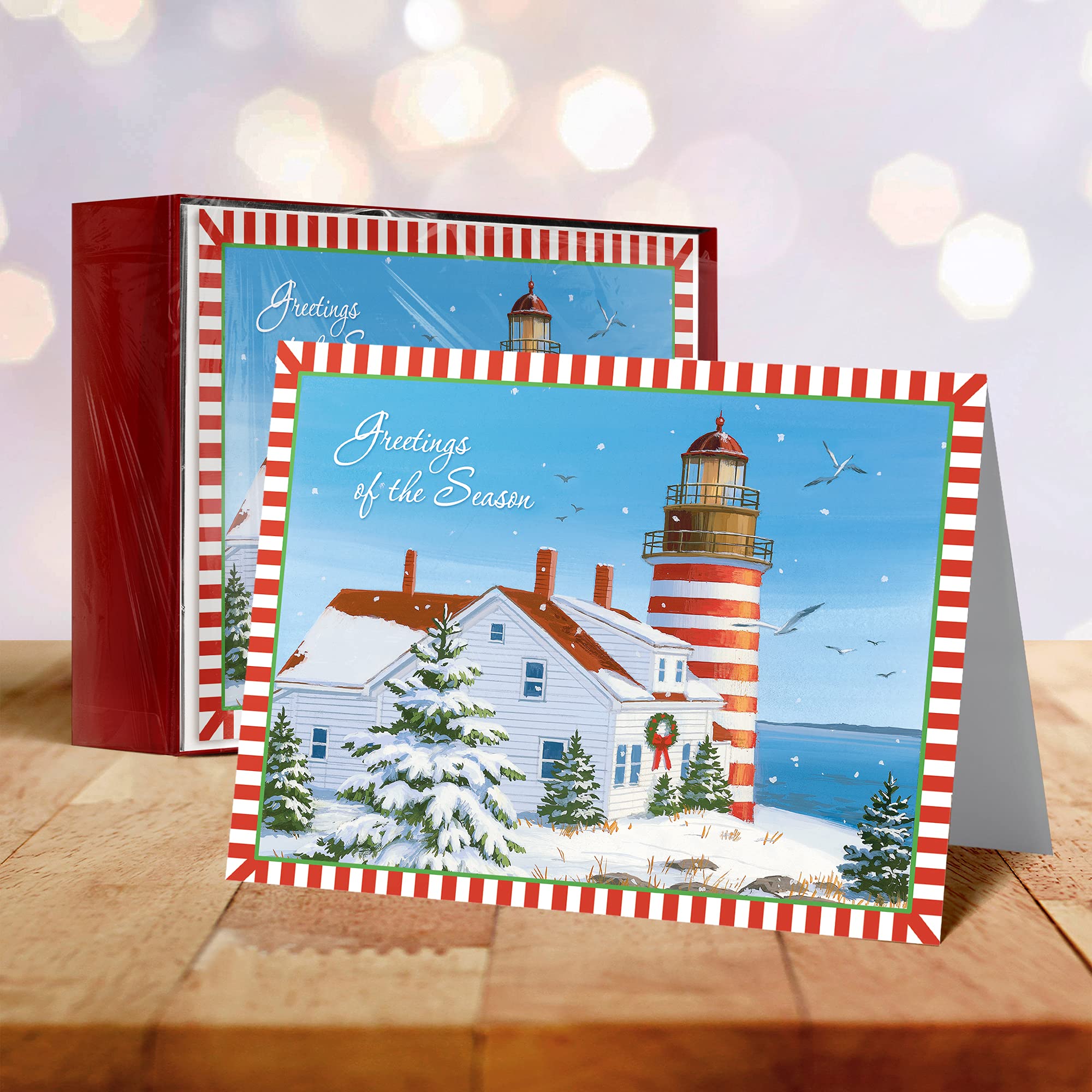 Red Farm Studios Designer Christmas Greeting Cards - Lighthouse in the Snow (Box of 18 Nautical Coastal Holiday Cards with White Envelopes) for Holiday Wishes, Office Gifts & Festive Decorations