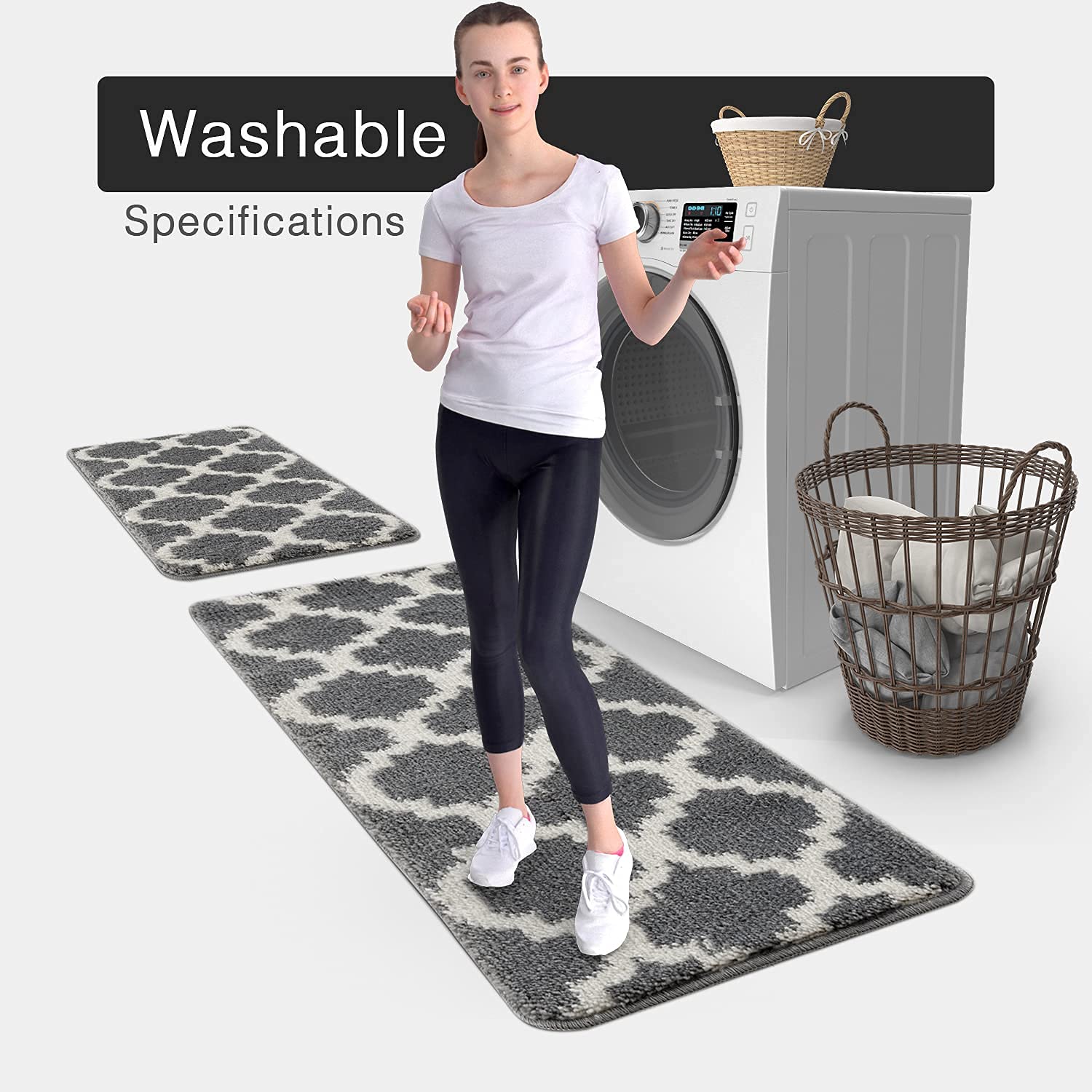 Wunderlin Soft Trellis Non-Slip Washable Kitchen Runner Rugs Set of 2 - Grey, Anti-Skid Floor Mat for Kitchen, Dining Room & High Traffic Areas